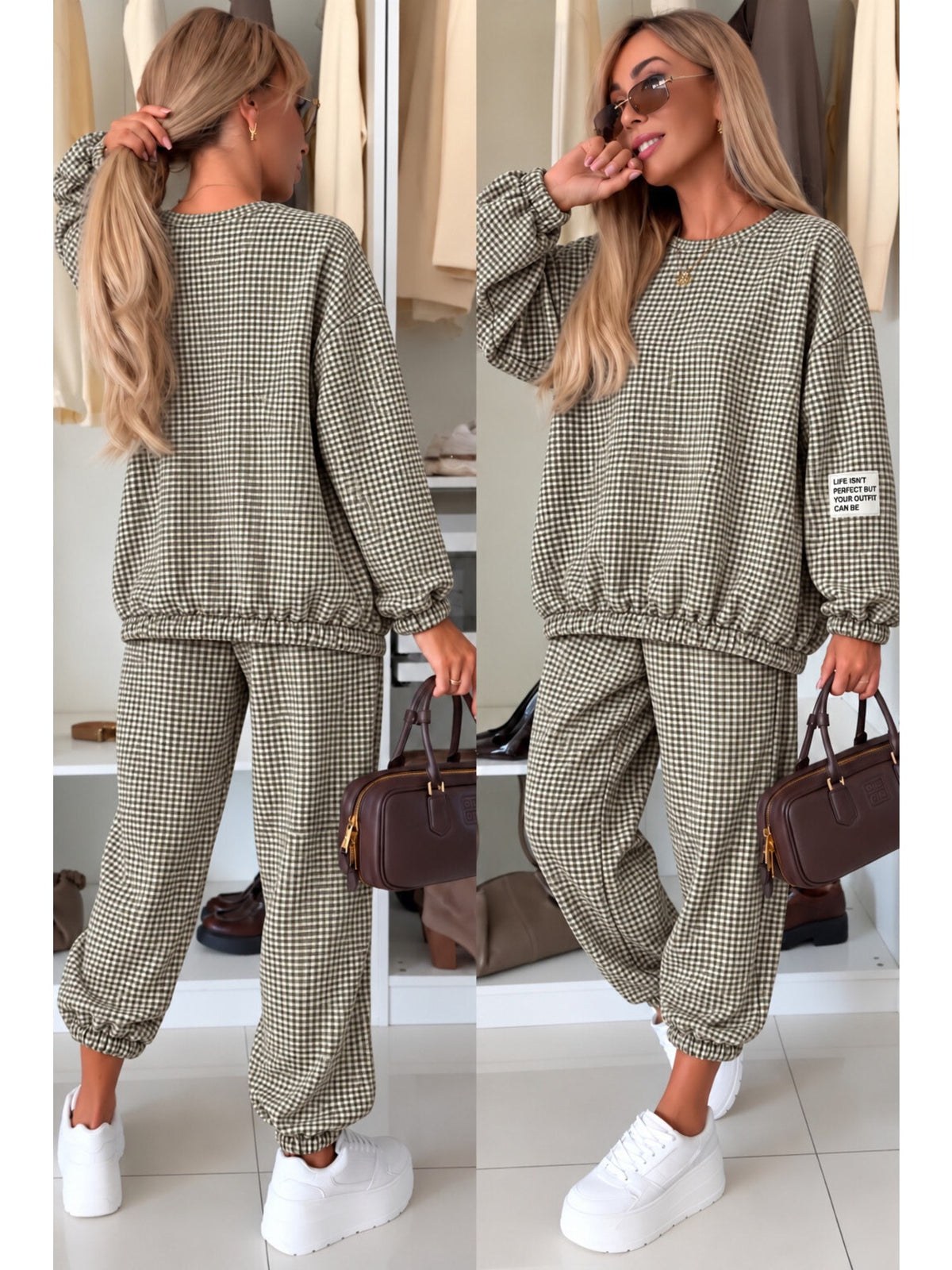 Ensemble sweat et pantalon jogging imprimé carreaux kaki pour femme, La Chica