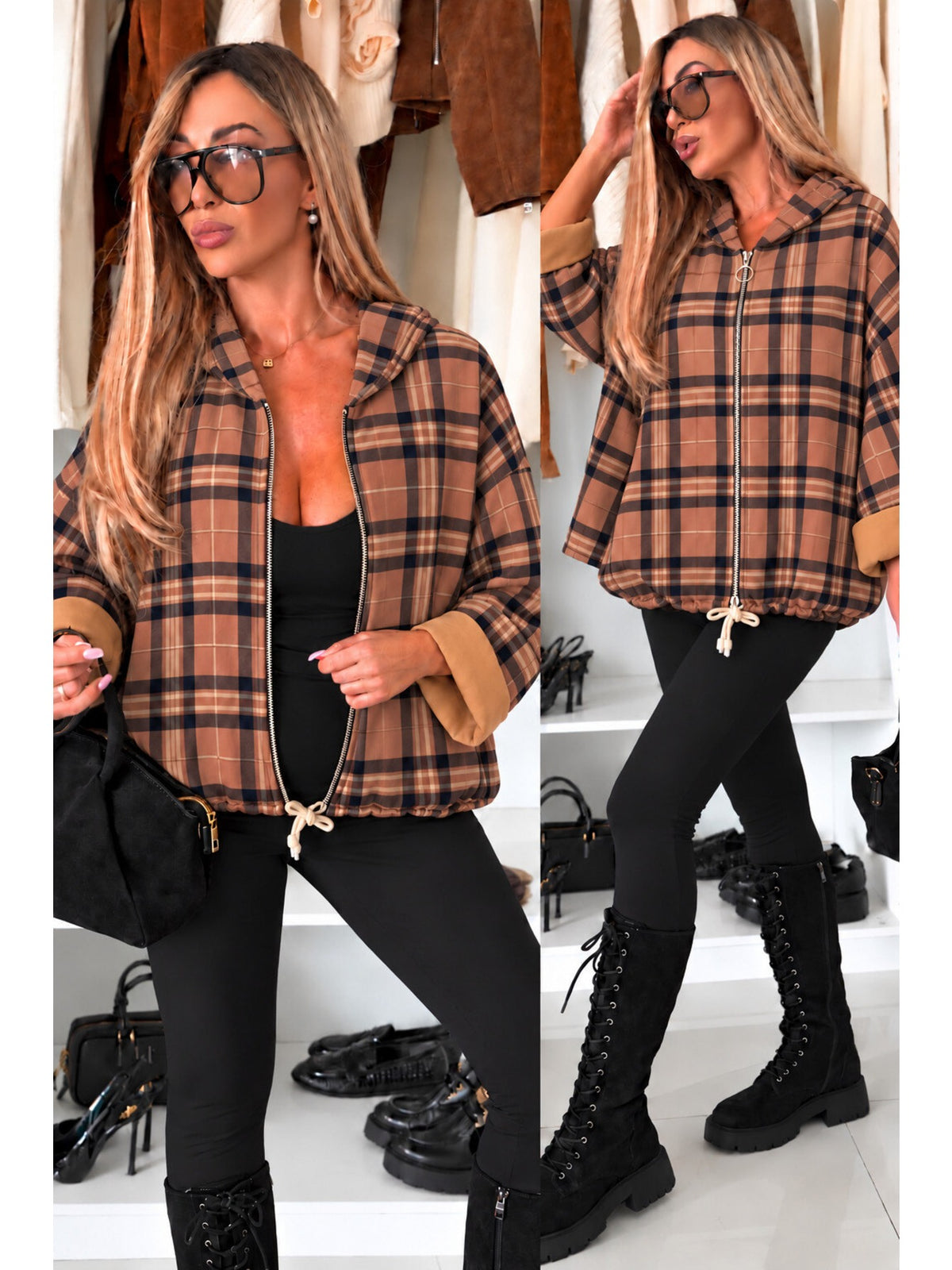Gilet à capuche zippé imprimé carreaux en suédine camel pour femme, La Chica