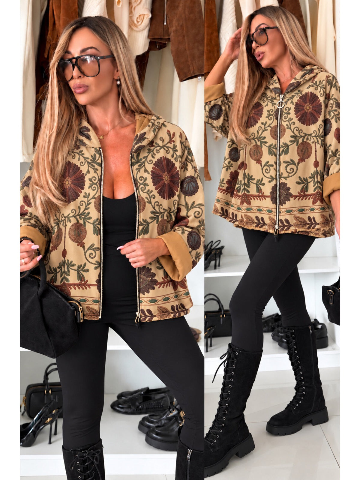 Gilet à capuche zippé imprimé fleuri en suédine beige pour femme, La Chica