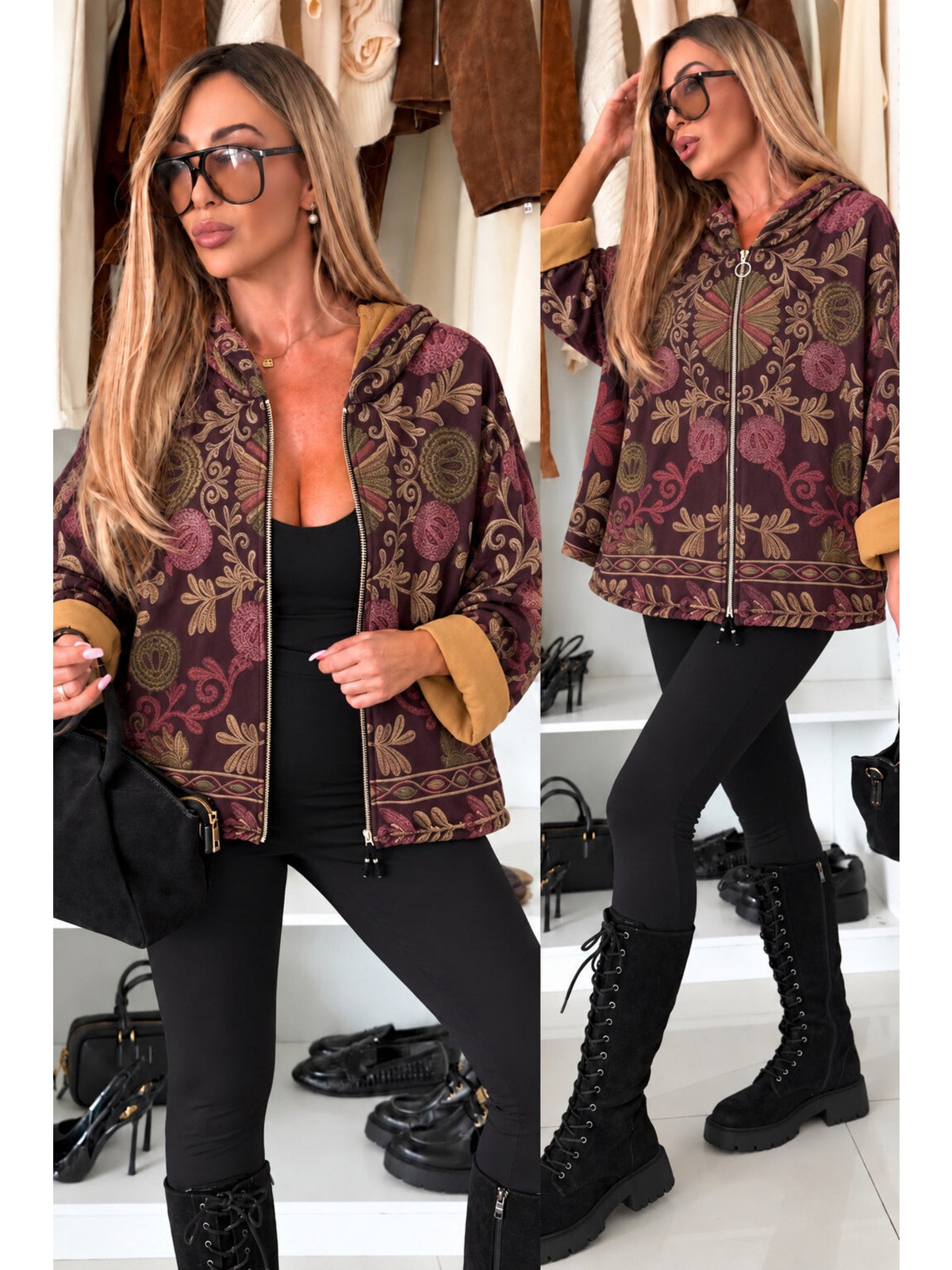 Gilet à capuche zippé imprimé fleuri en suédine bordeaux pour femme, La Chica