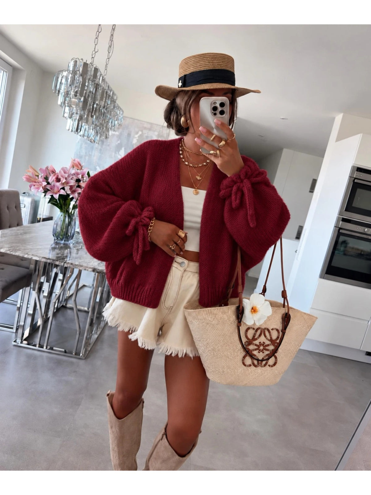 Gilet en maille manches ballon et liens aux poignets bordeaux pour femme, La Chica