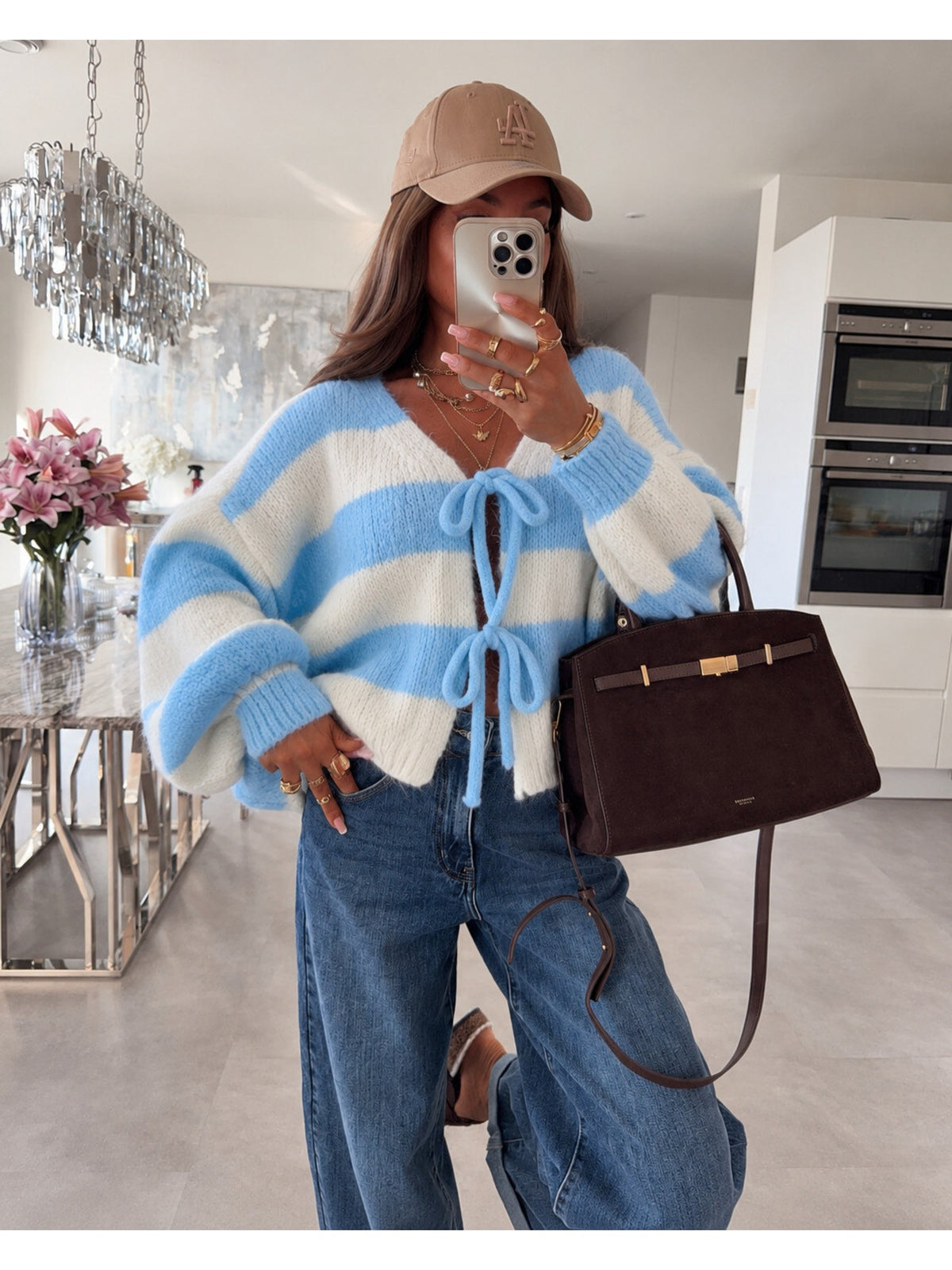 Gilet laine rayé oversize manches ballon et liens bleu pour femme, La Chica