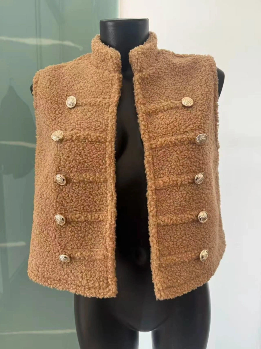 Gilet officier teddy sans manches camel pour femme – La Chica – vue 2