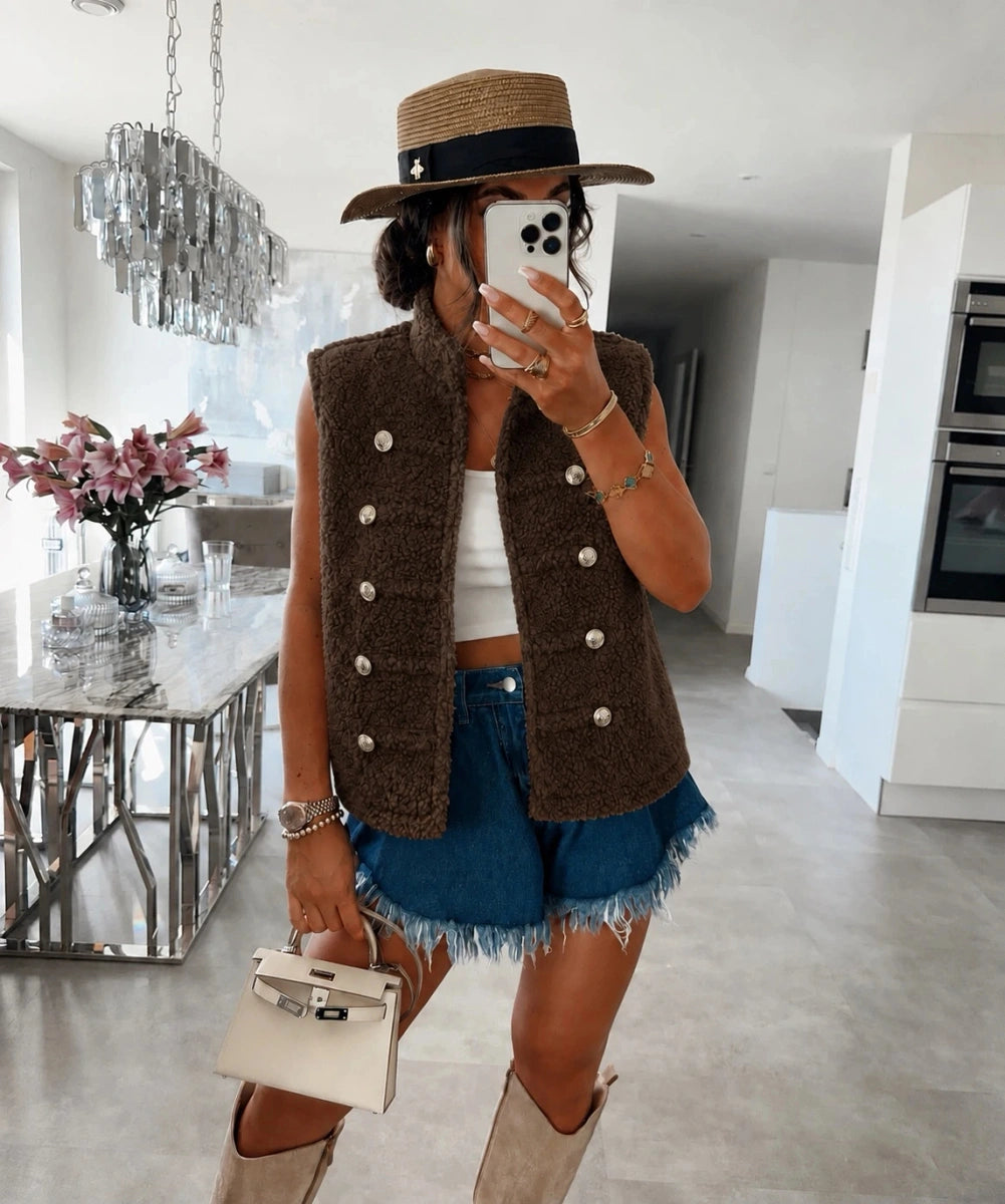 Gilet officier teddy sans manches marron foncé pour femme – La Chica