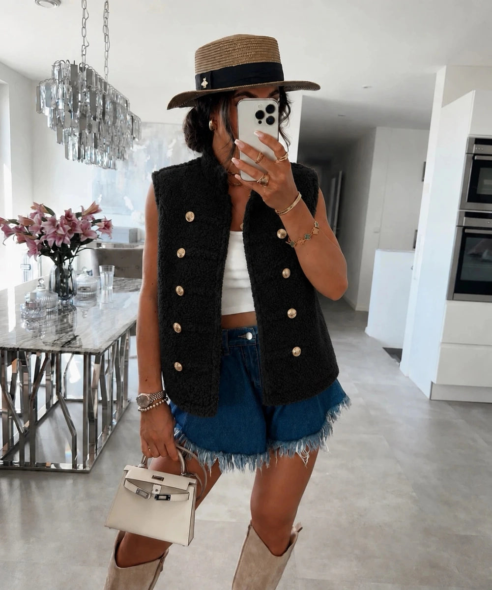 Gilet officier teddy sans manches noir pour femme – La Chica