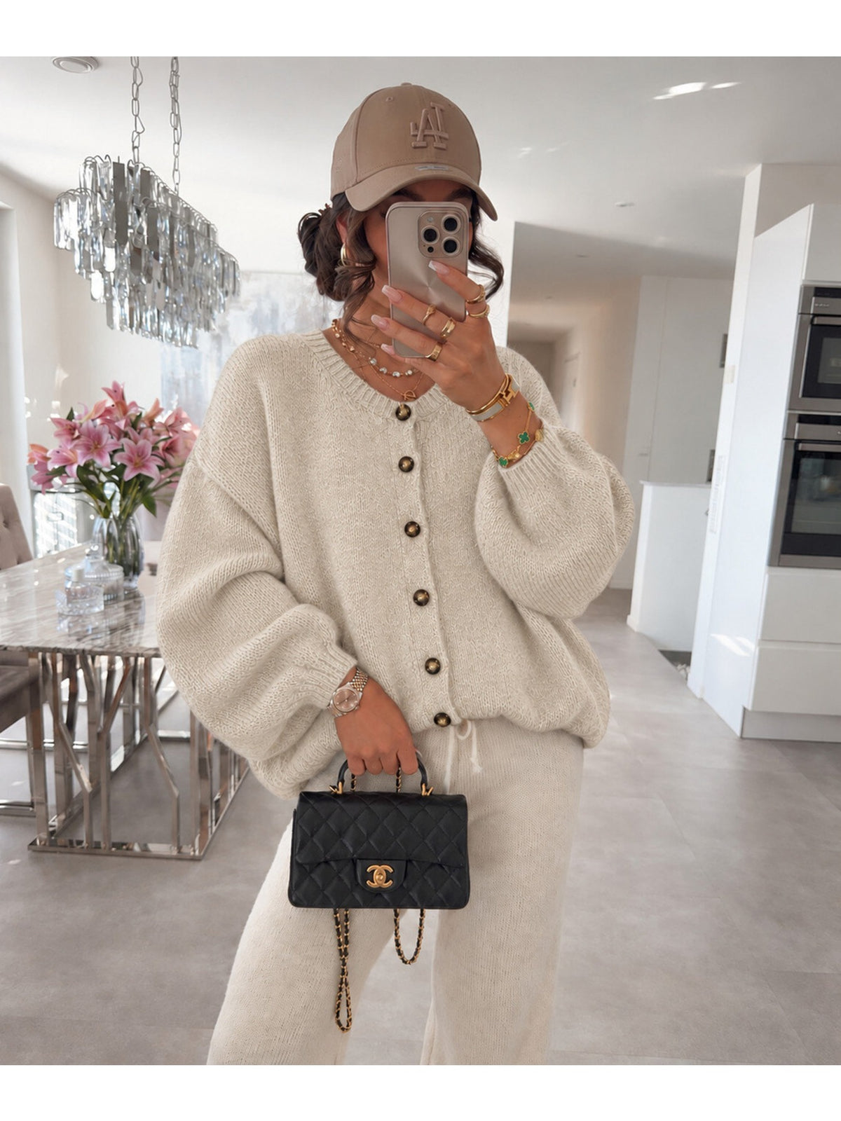 Gilet oversize en laine à manches ballon et boutons beige pour femme, La Chica
