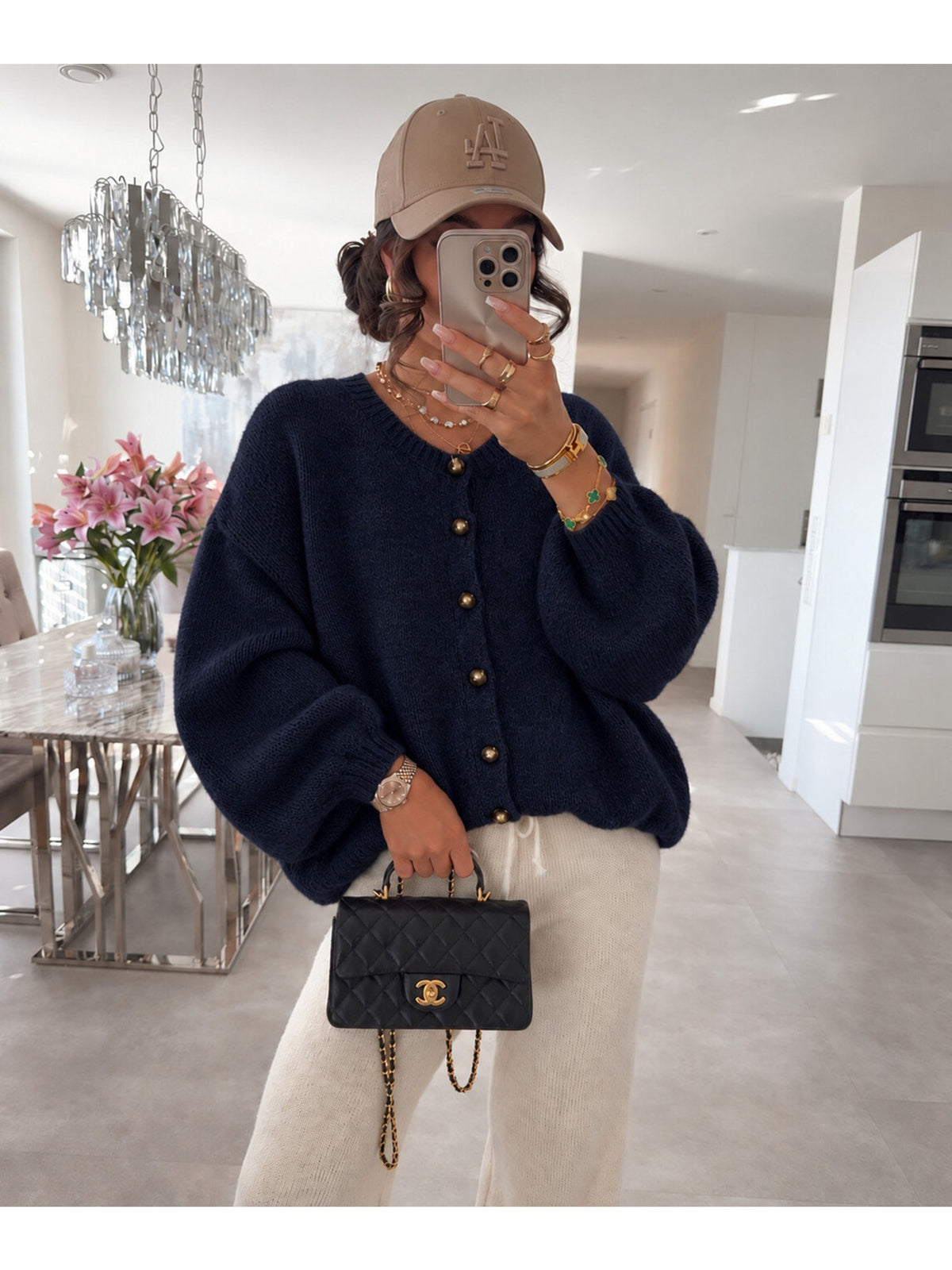 Gilet oversize en laine à manches ballon et boutons marine pour femme, La Chica