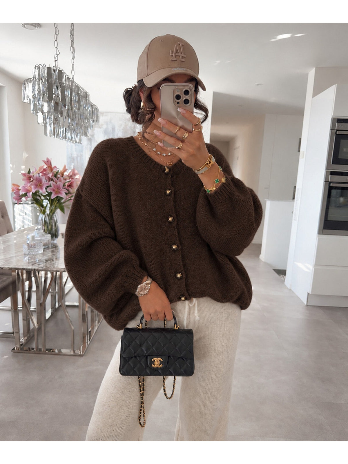 Gilet oversize en laine à manches ballon et boutons marron foncé pour femme, La Chica