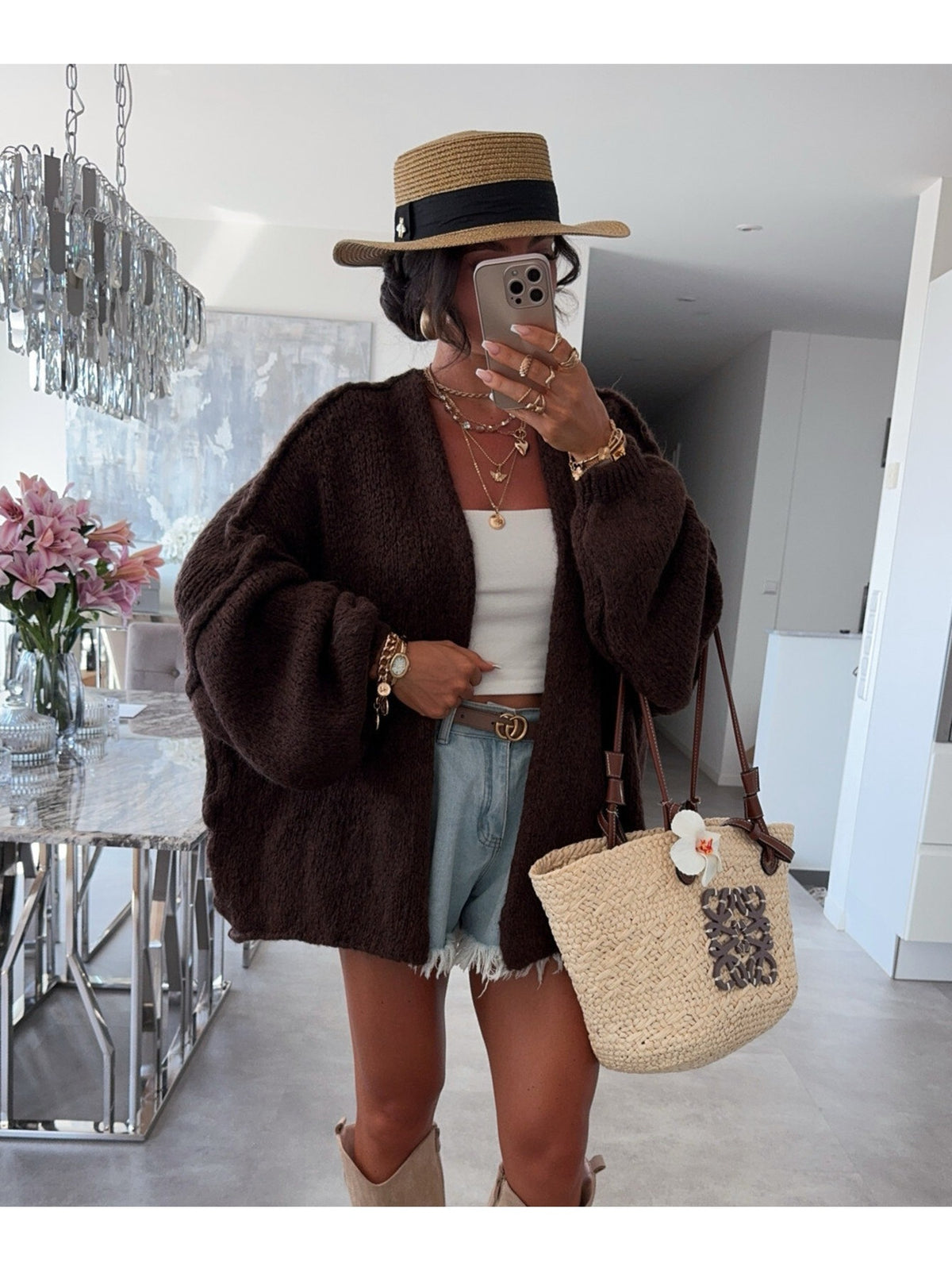 Gilet oversize en laine à manches ballon marron pour femme, La Chica
