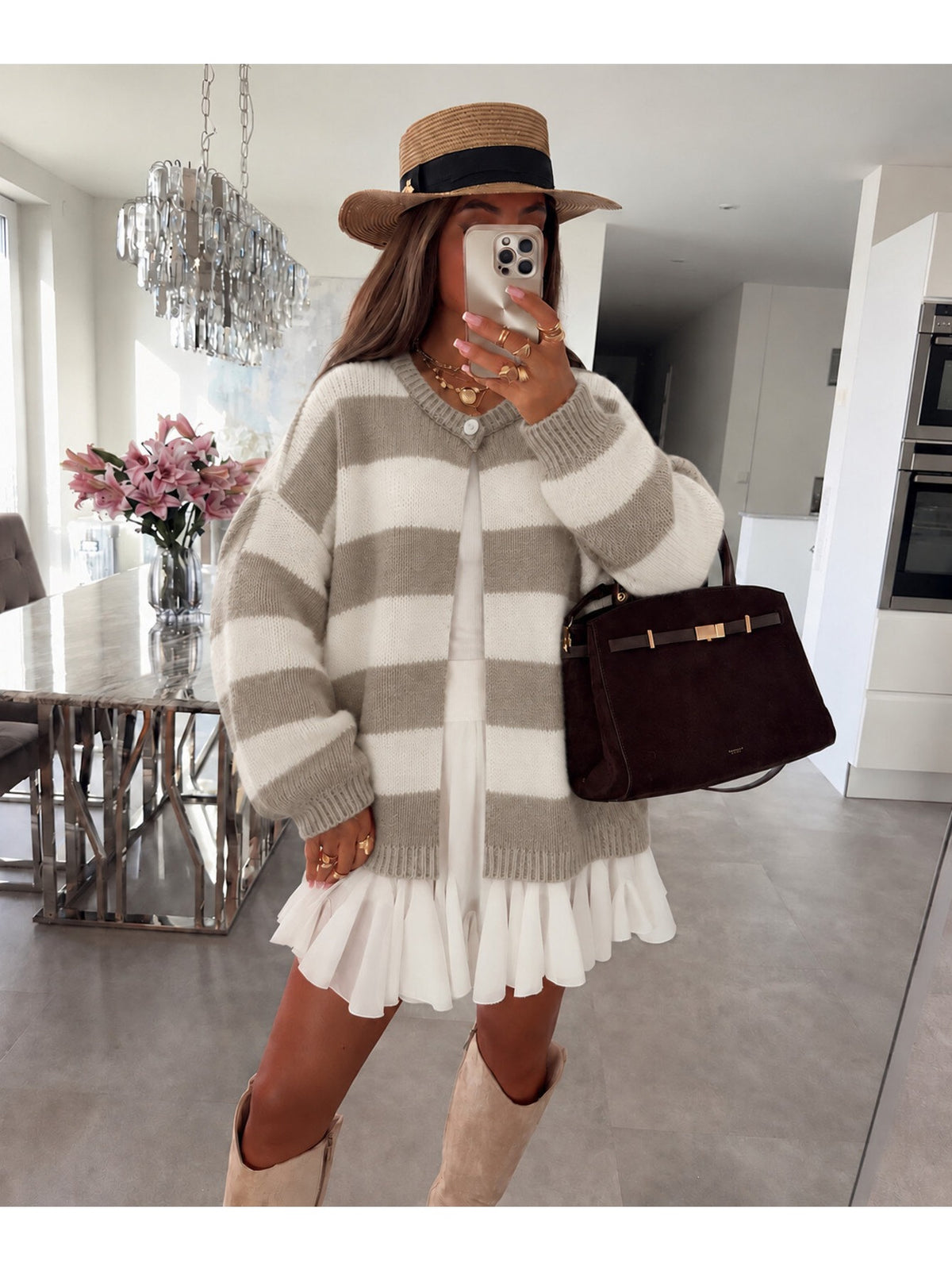 Gilet oversize en laine rayée à bouton beige pour femme, La Chica