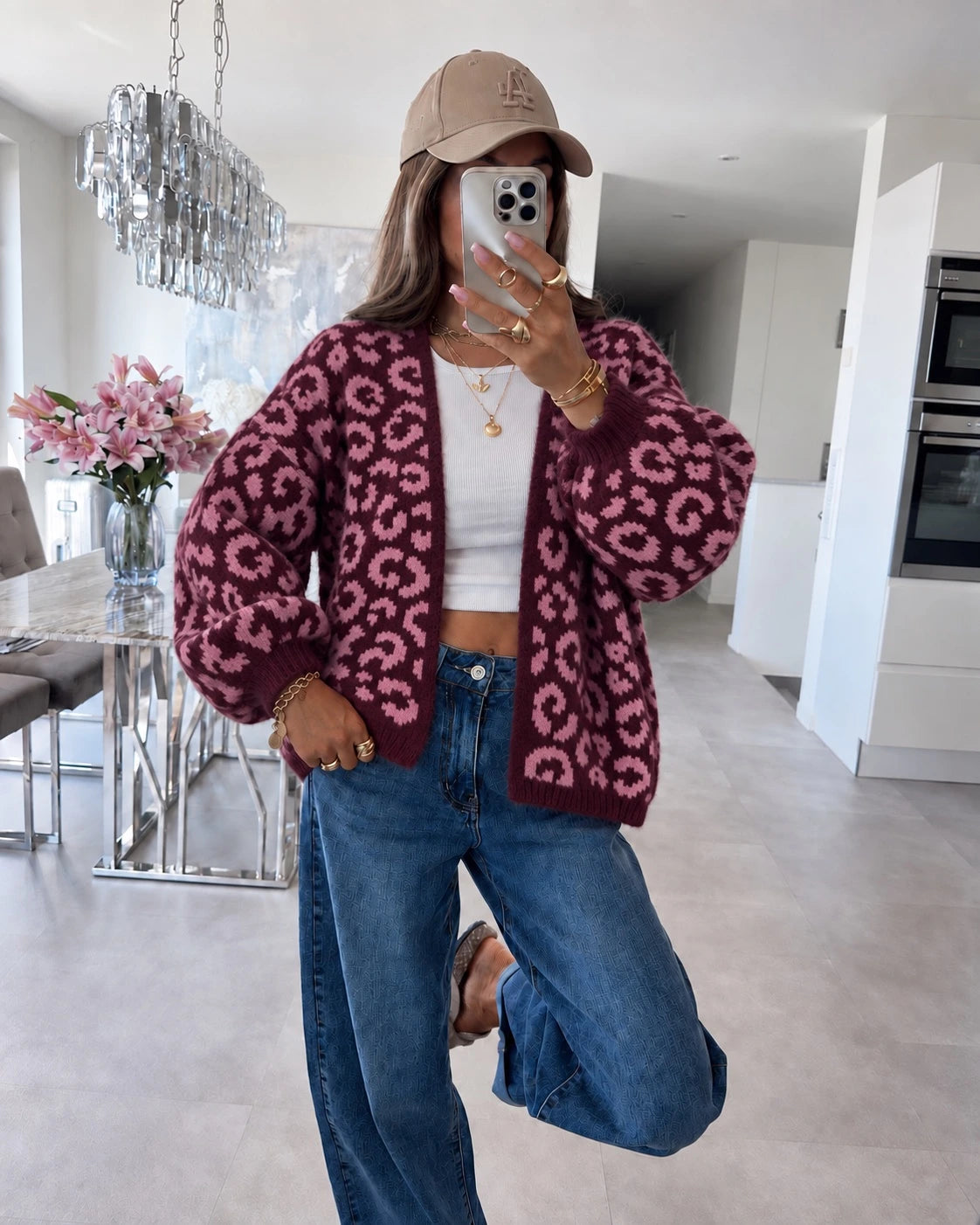 Gilet oversize en maille douce motif léopard bordeaux pour femme – La Chica
