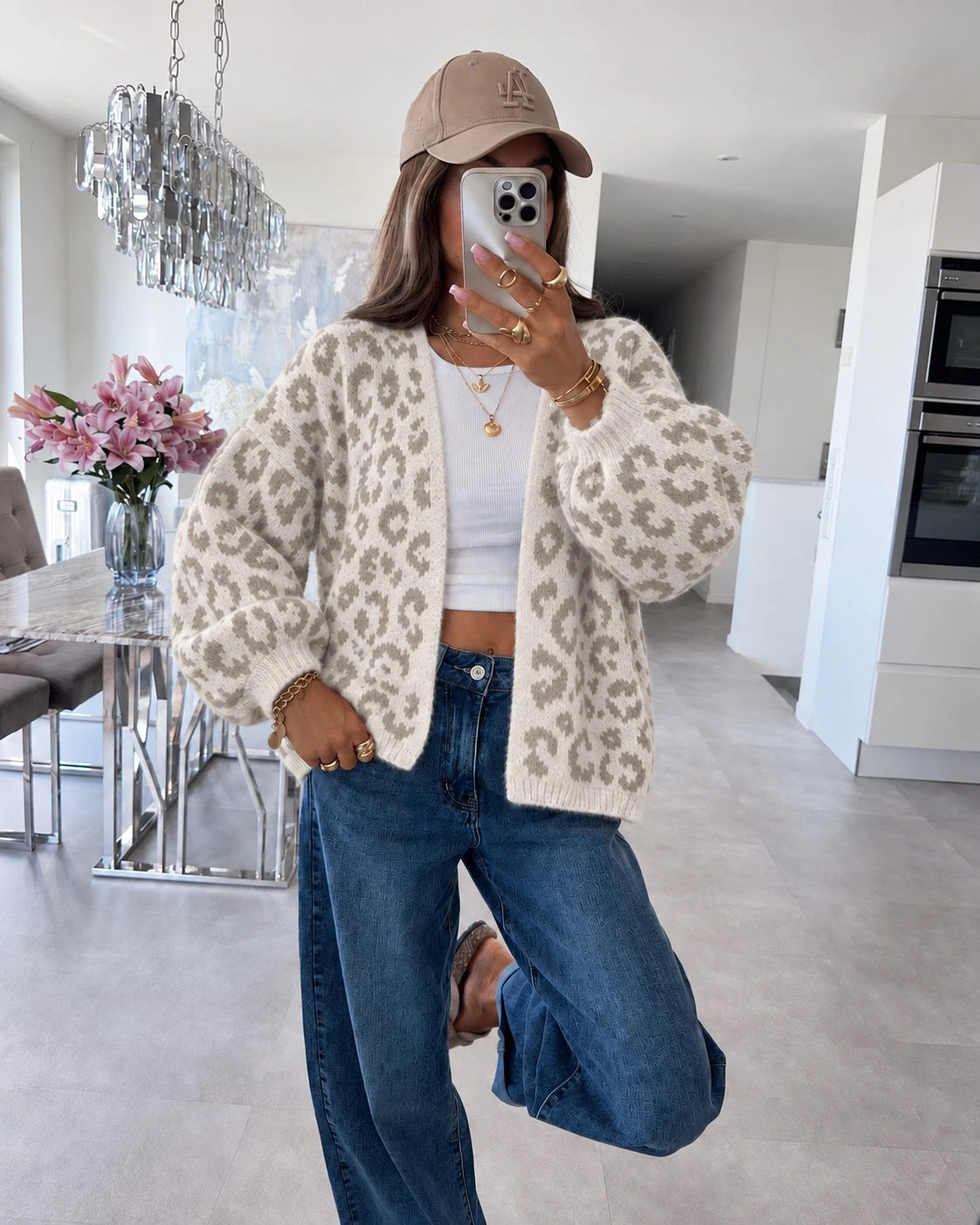 Gilet oversize en maille douce motif léopard écru pour femme – La Chica