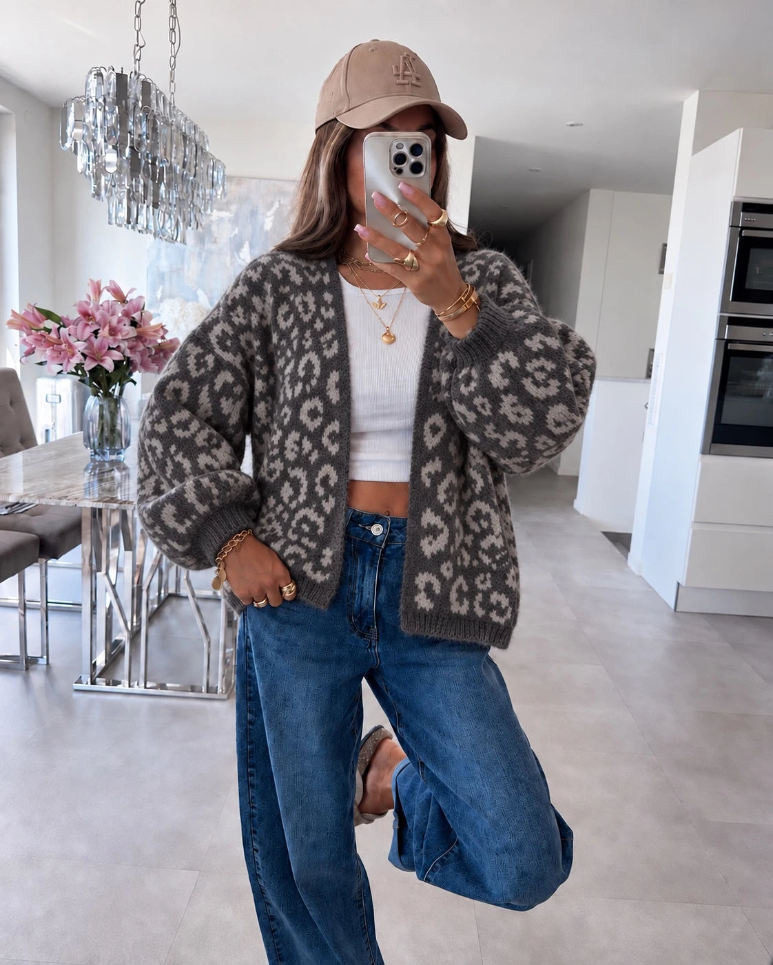 Gilet oversize en maille douce motif léopard gris pour femme – La Chica