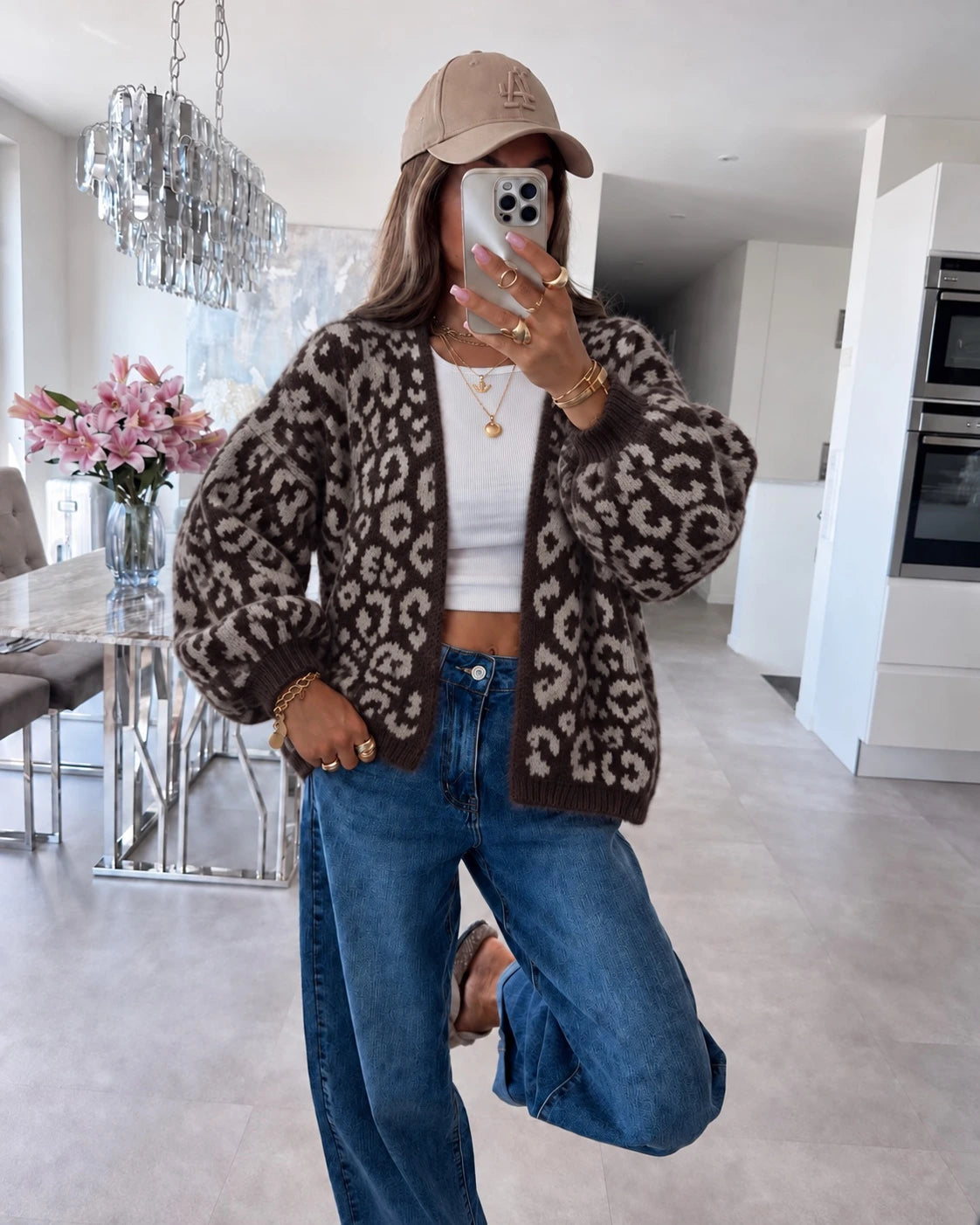 Gilet oversize en maille douce motif léopard marron foncé pour femme – La Chica