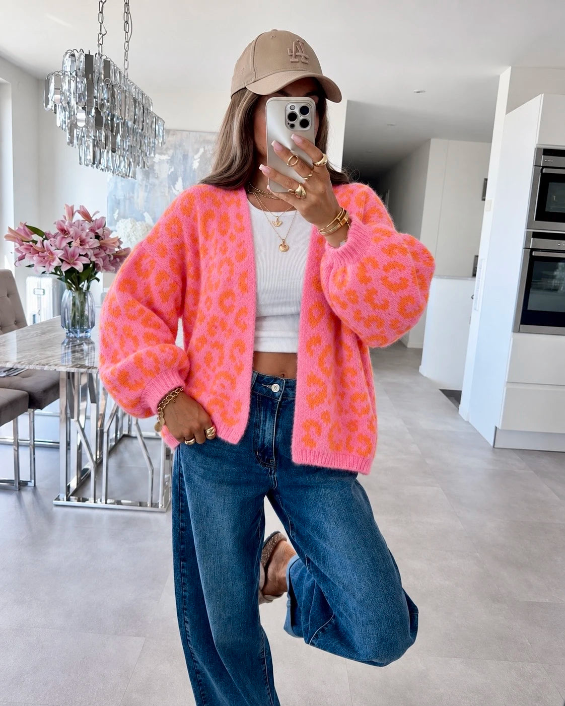 Gilet oversize en maille douce motif léopard rose pour femme – La Chica