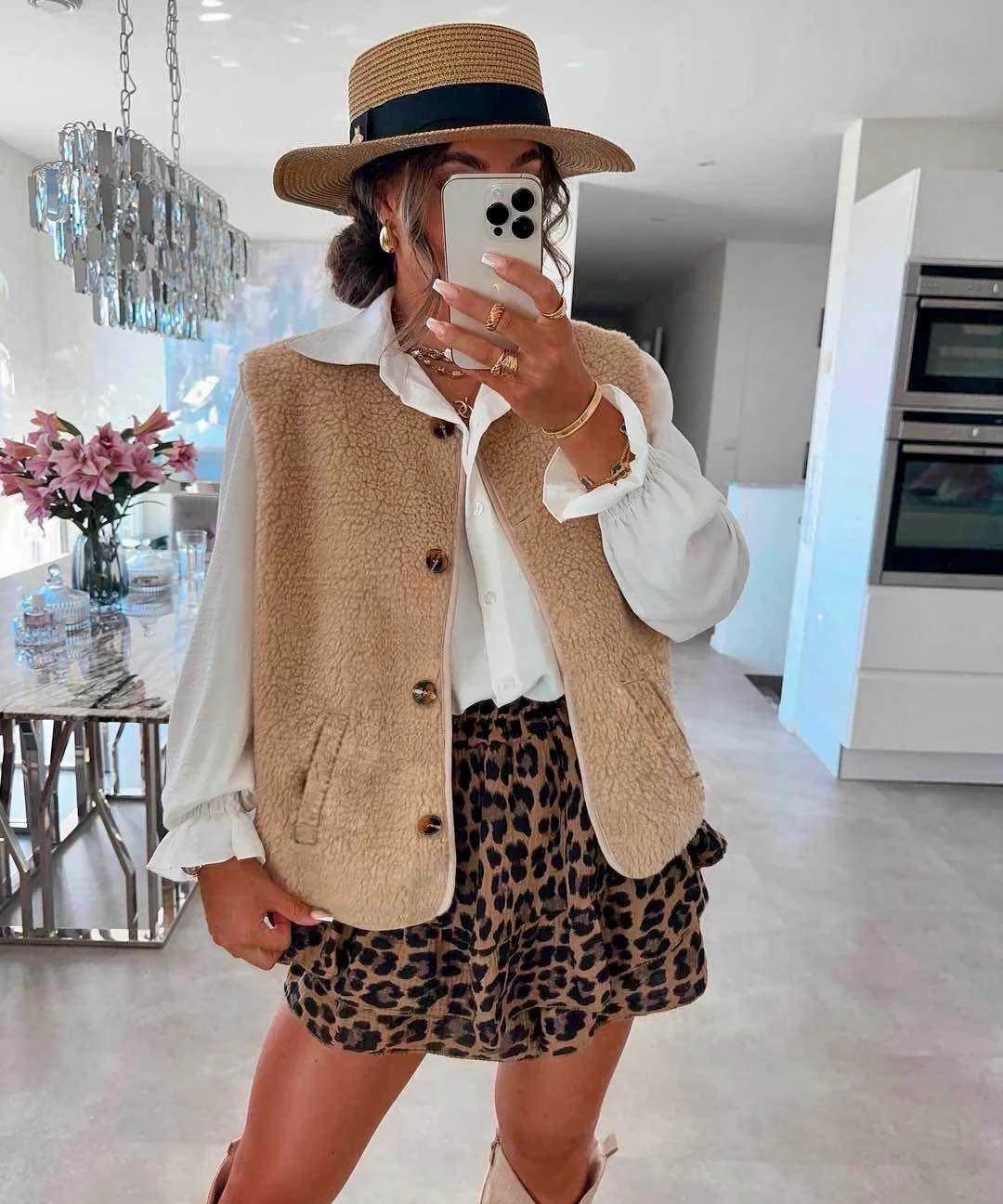Gilet teddy sans manches avec poches camel pour femme – La Chica