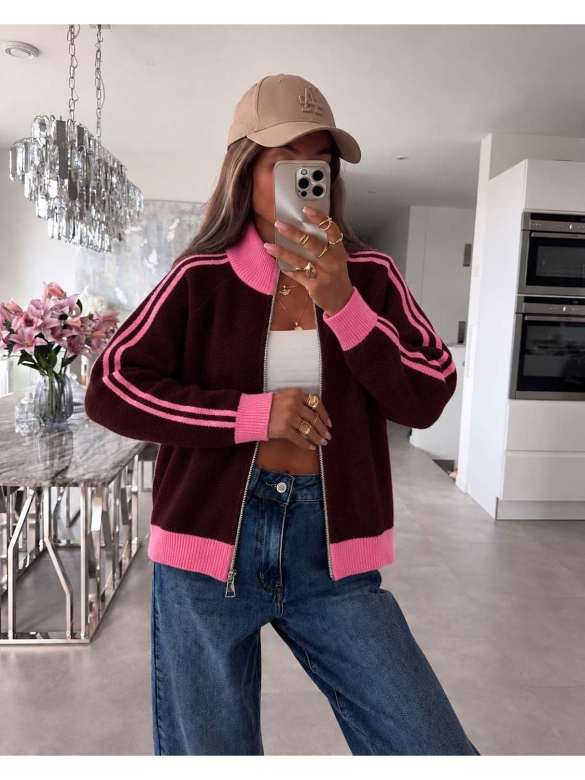Gilet zippé bicolore à col montant et doubles bandes bordeaux pour femme, La Chica