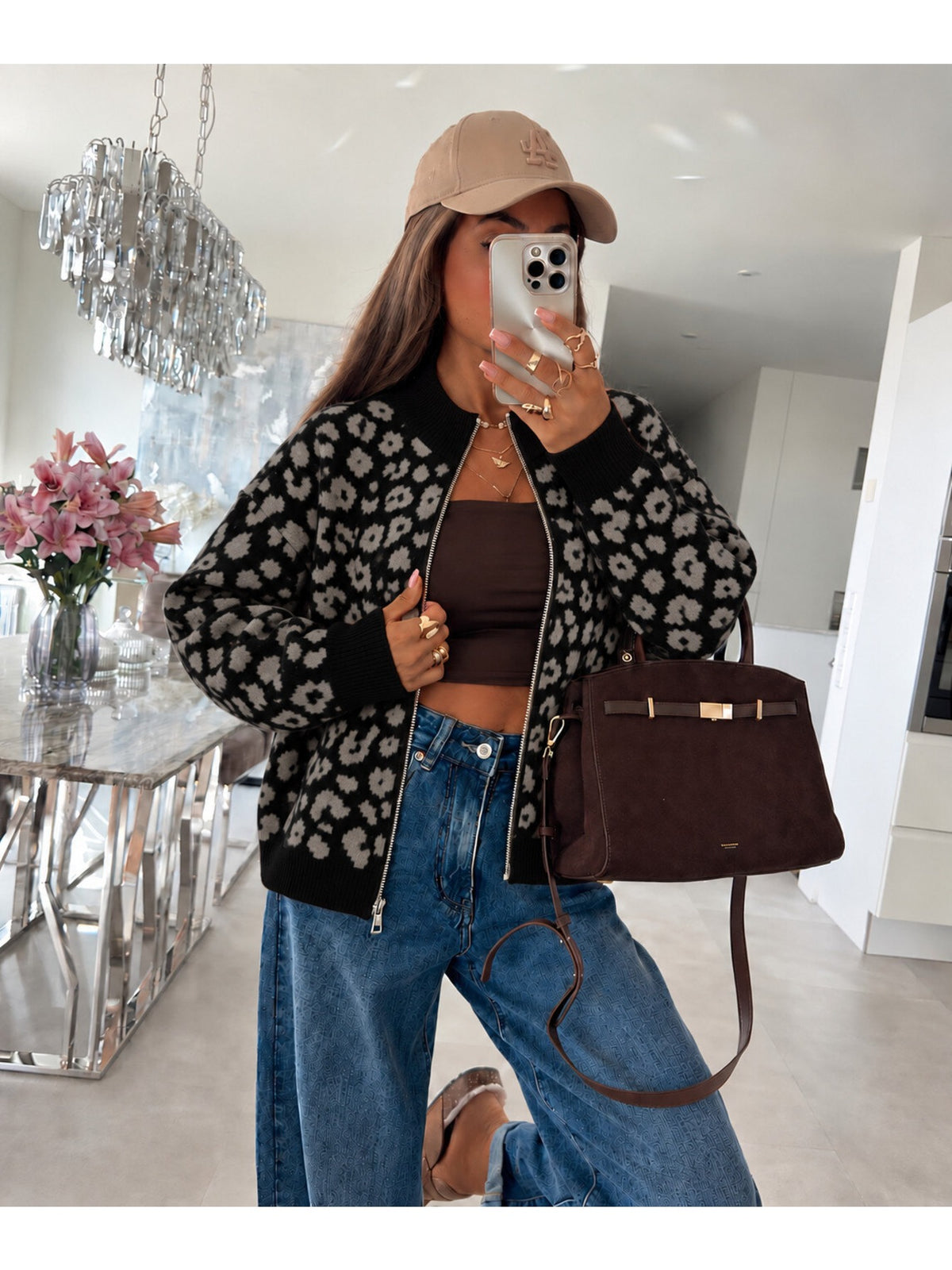 Gilet zippé en laine léopard marron foncé pour femme, La Chica