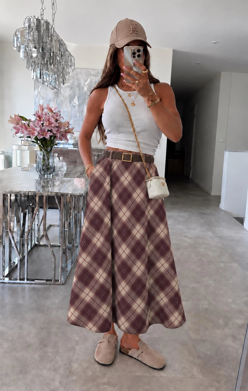 Jupe en suédine avec ceinture imprimé carreaux bordeaux pour femme – La Chica