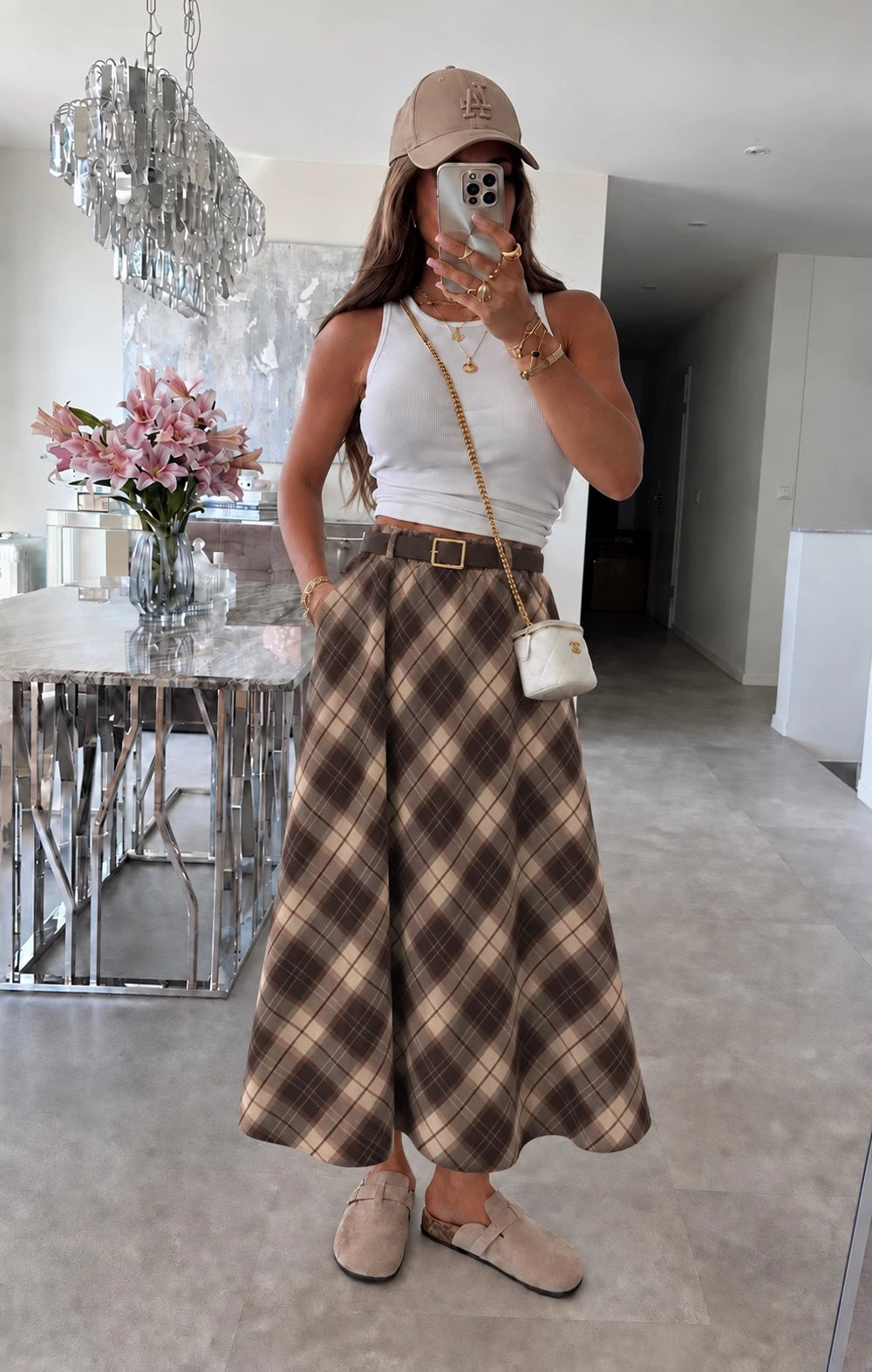 Jupe en suédine avec ceinture imprimé carreaux marron foncé pour femme – La Chica