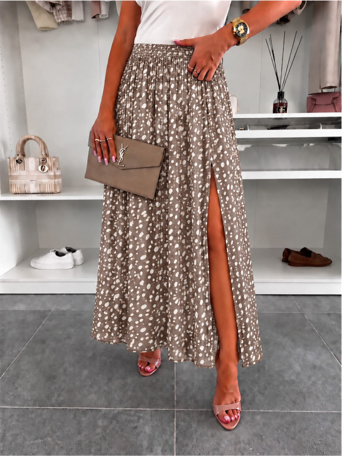 Jupe imprimé bambi avec fente taille élastique taupe pour femme, La Chica