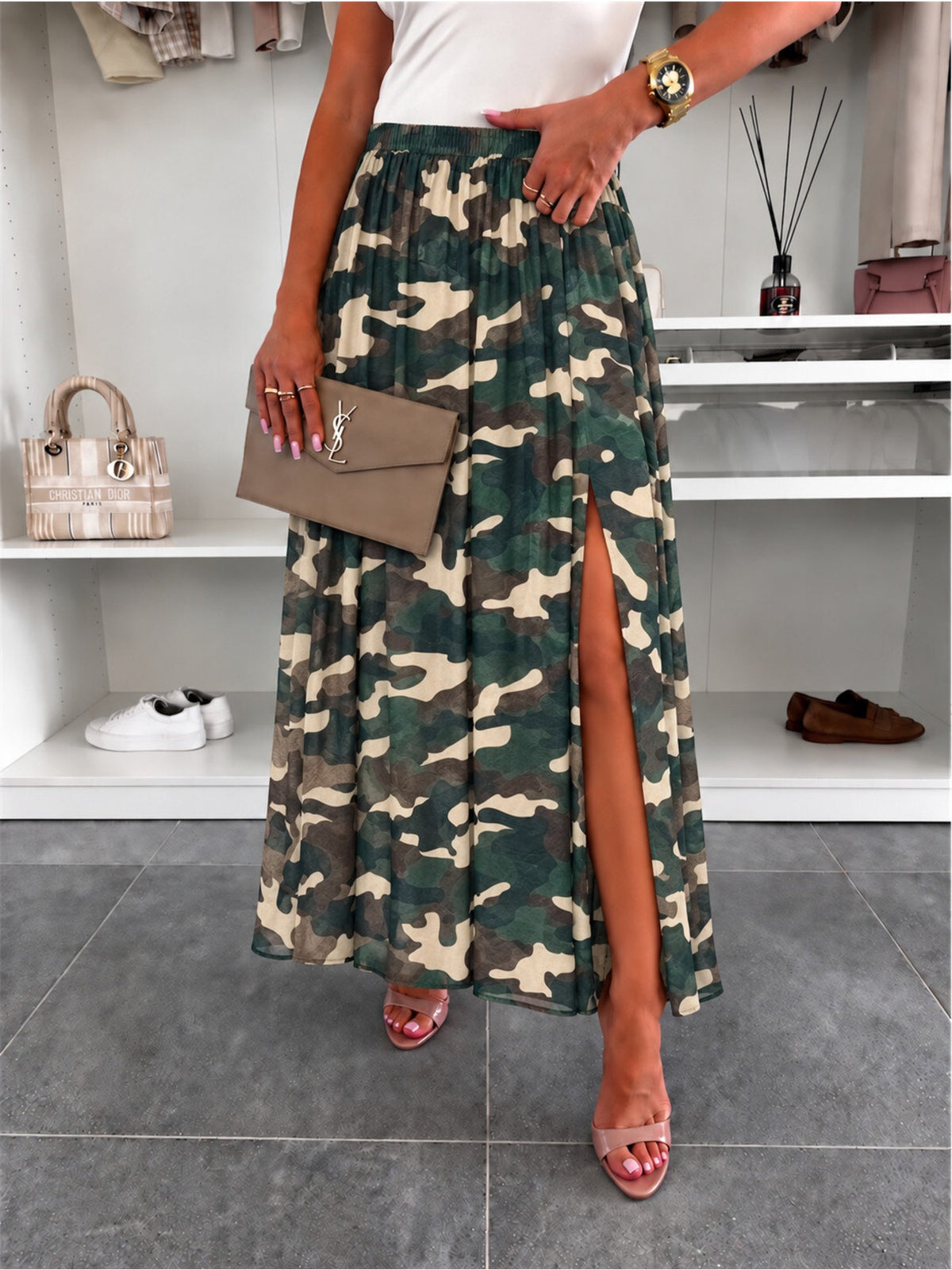 Jupe imprimé camouflage avec fente taille élastique kaki pour femme, La Chica