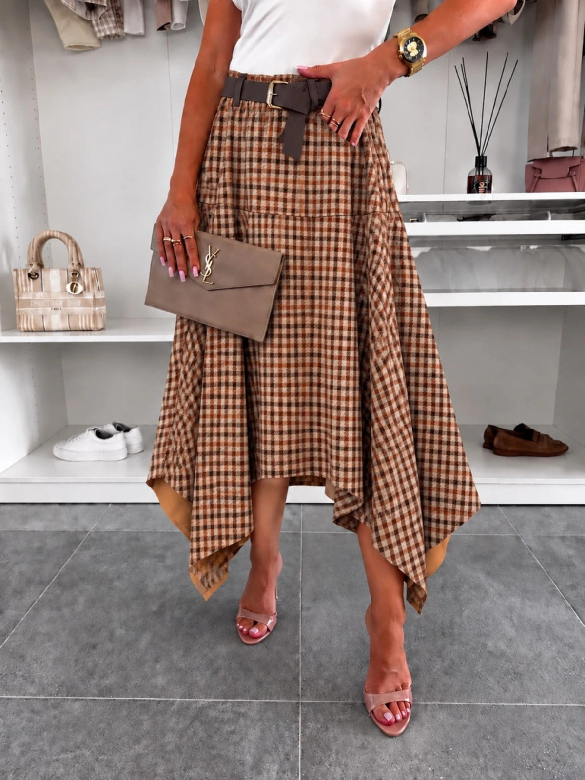 Jupe longue suédine imprimé rayures asymétrique avec ceinture marron foncé pour femme, La Chica