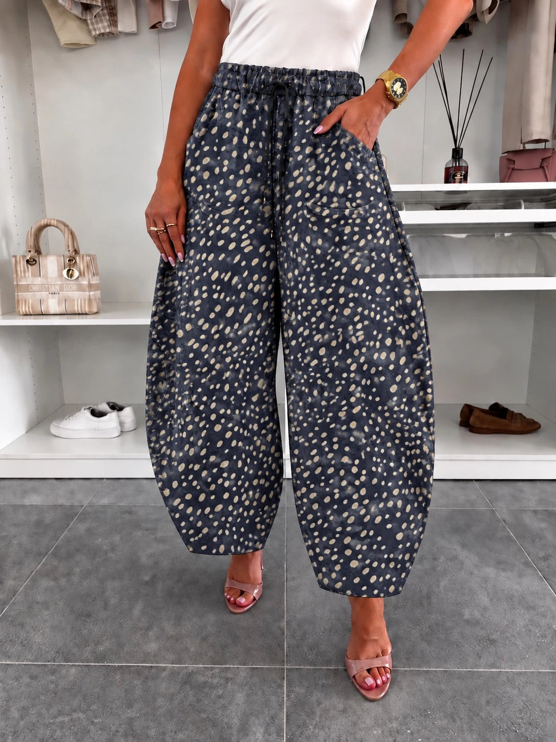 Pantalon ballon en suédine imprimé biche marine pour femme – La Chica