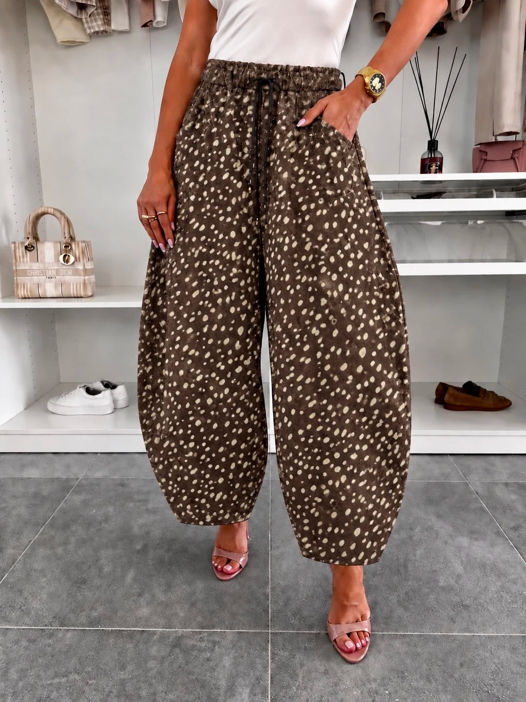 Pantalon ballon en suédine imprimé biche marron foncé pour femme – La Chica