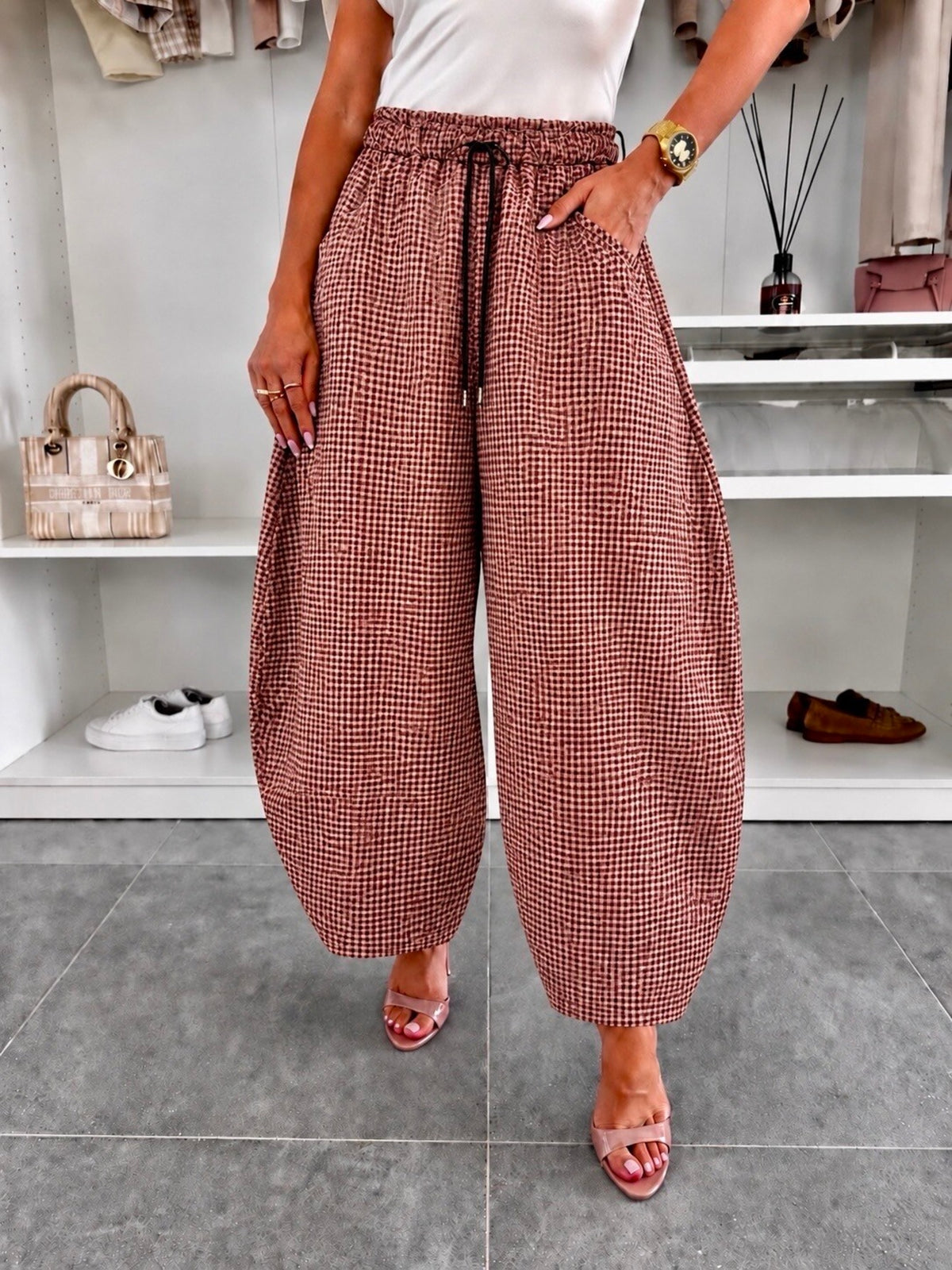 Pantalon ballon en suédine imprimé vichy taille élastiquée bordeaux pour femme, La Chica