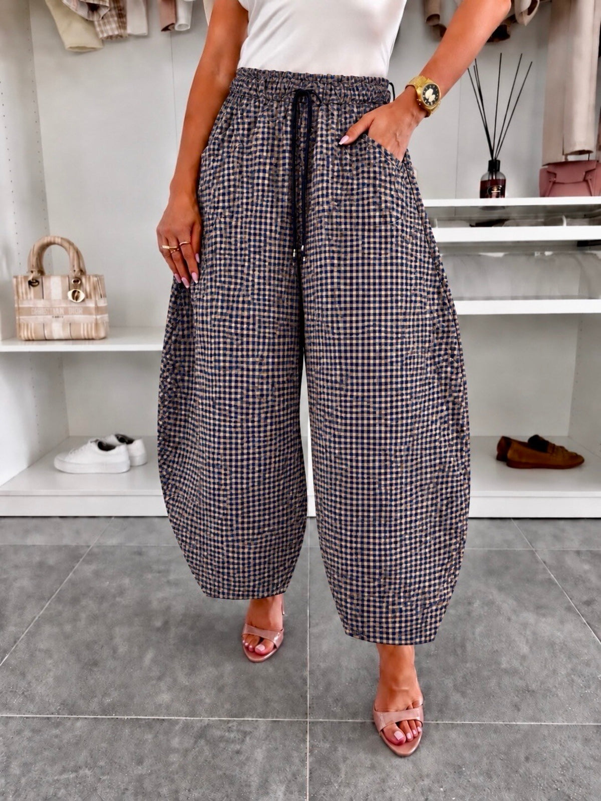 Pantalon ballon en suédine imprimé vichy taille élastiquée marine pour femme, La Chica