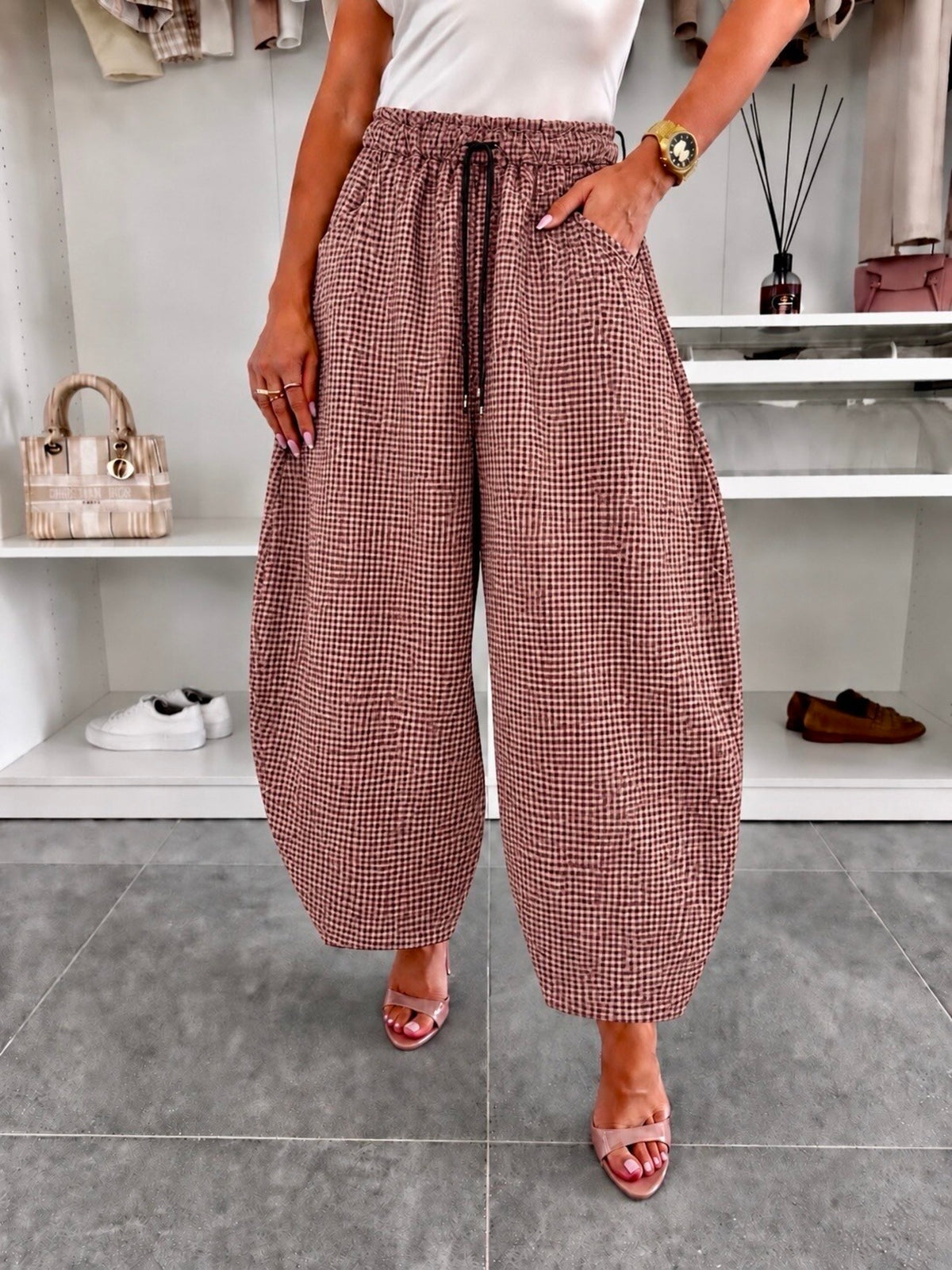 Pantalon ballon en suédine imprimé vichy taille élastiquée prune pour femme, La Chica
