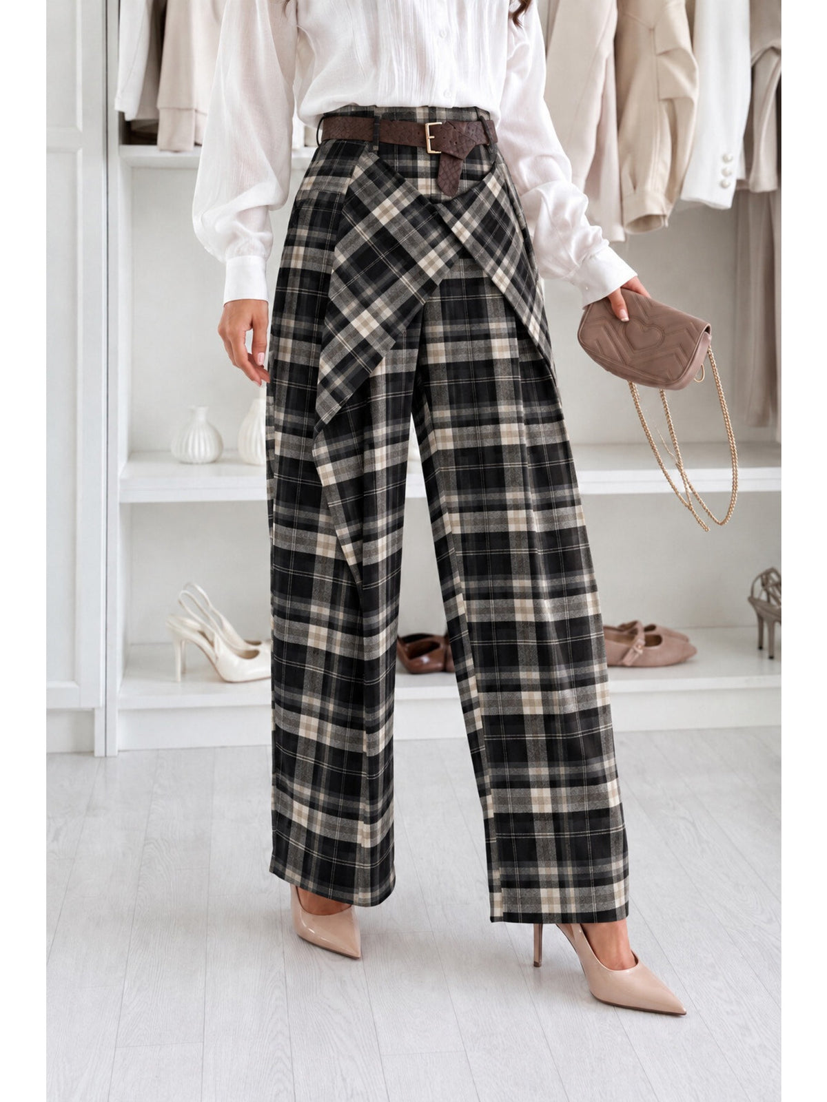Pantalon à carreaux effet noué avec ceinture noir pour femme, La Chica