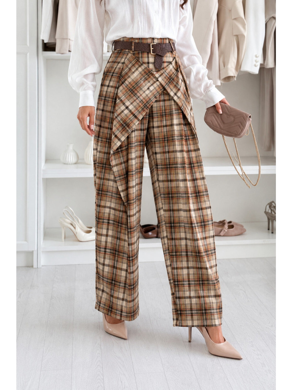 Pantalon large carreaux pan noué et ceinture beige pour femme, La Chica