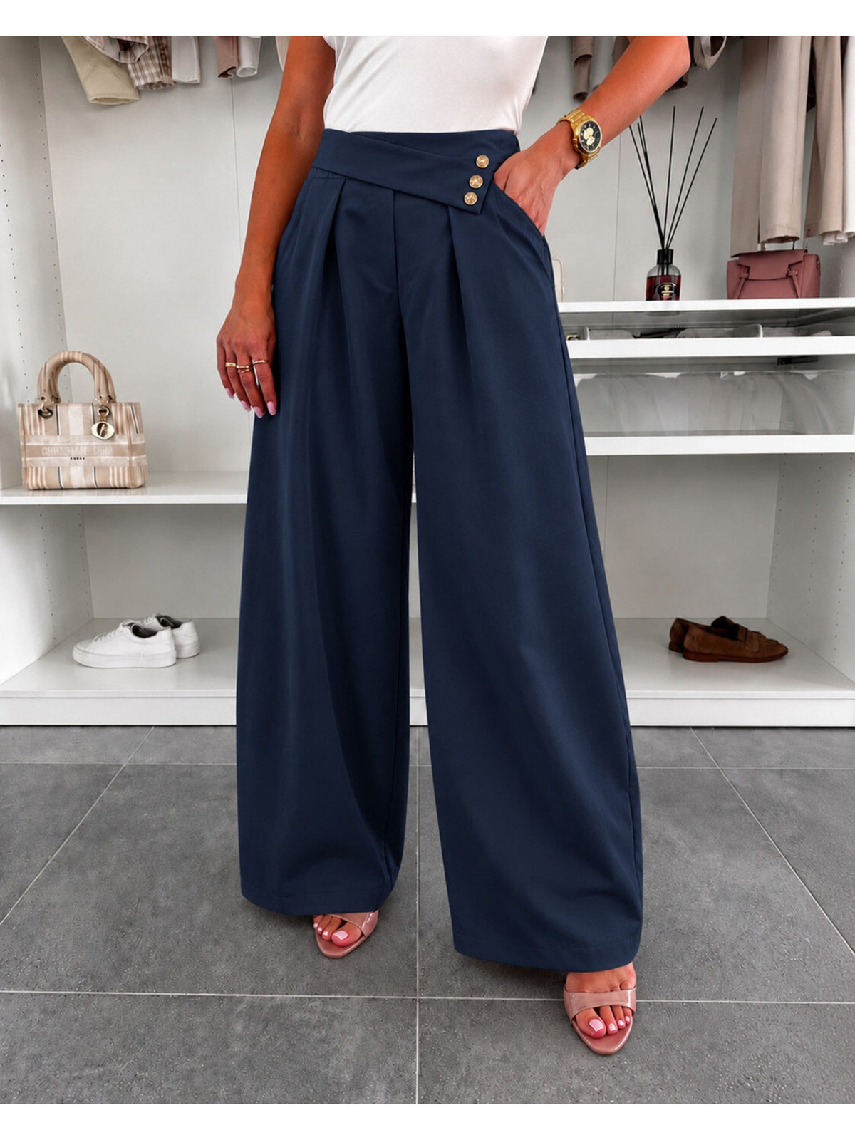 Pantalon large ceinture asymétrique taille élastique et poches marine pour femme, La Chica