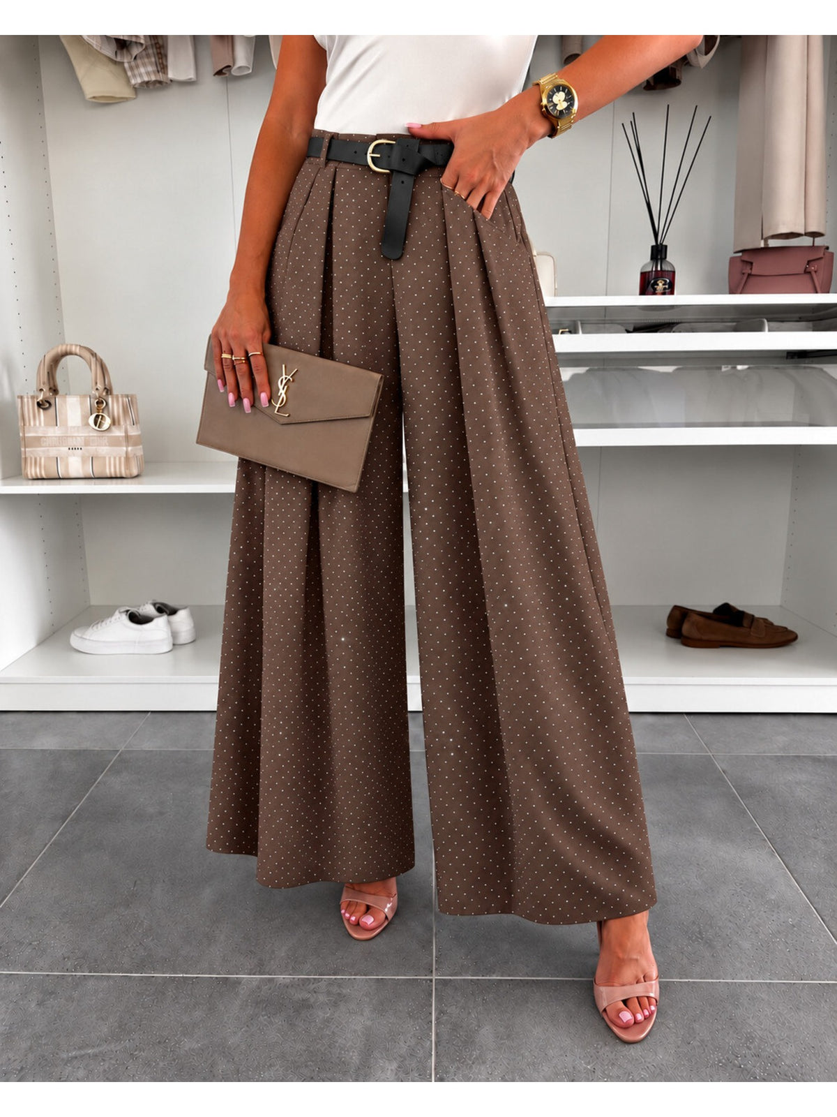 Pantalon large à strass avec ceintures et poche marron pour femme, La Chica