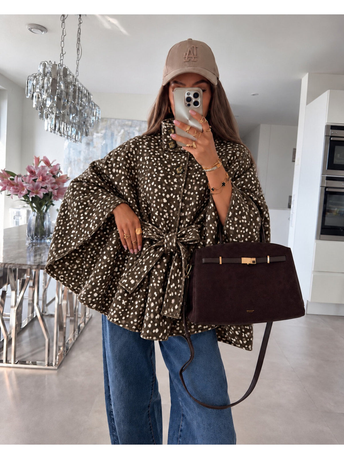 Poncho cape ample imprimé biche col montant et ceinture kaki pour femme, La Chica