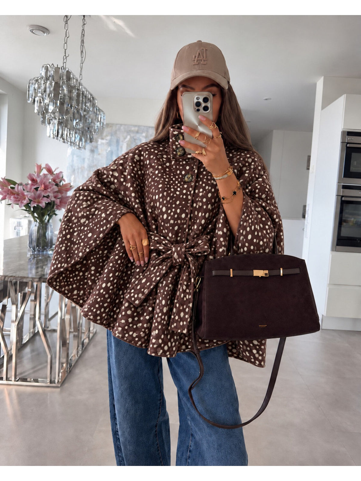 Poncho cape ample imprimé biche col montant et ceinture marron foncé pour femme, La Chica