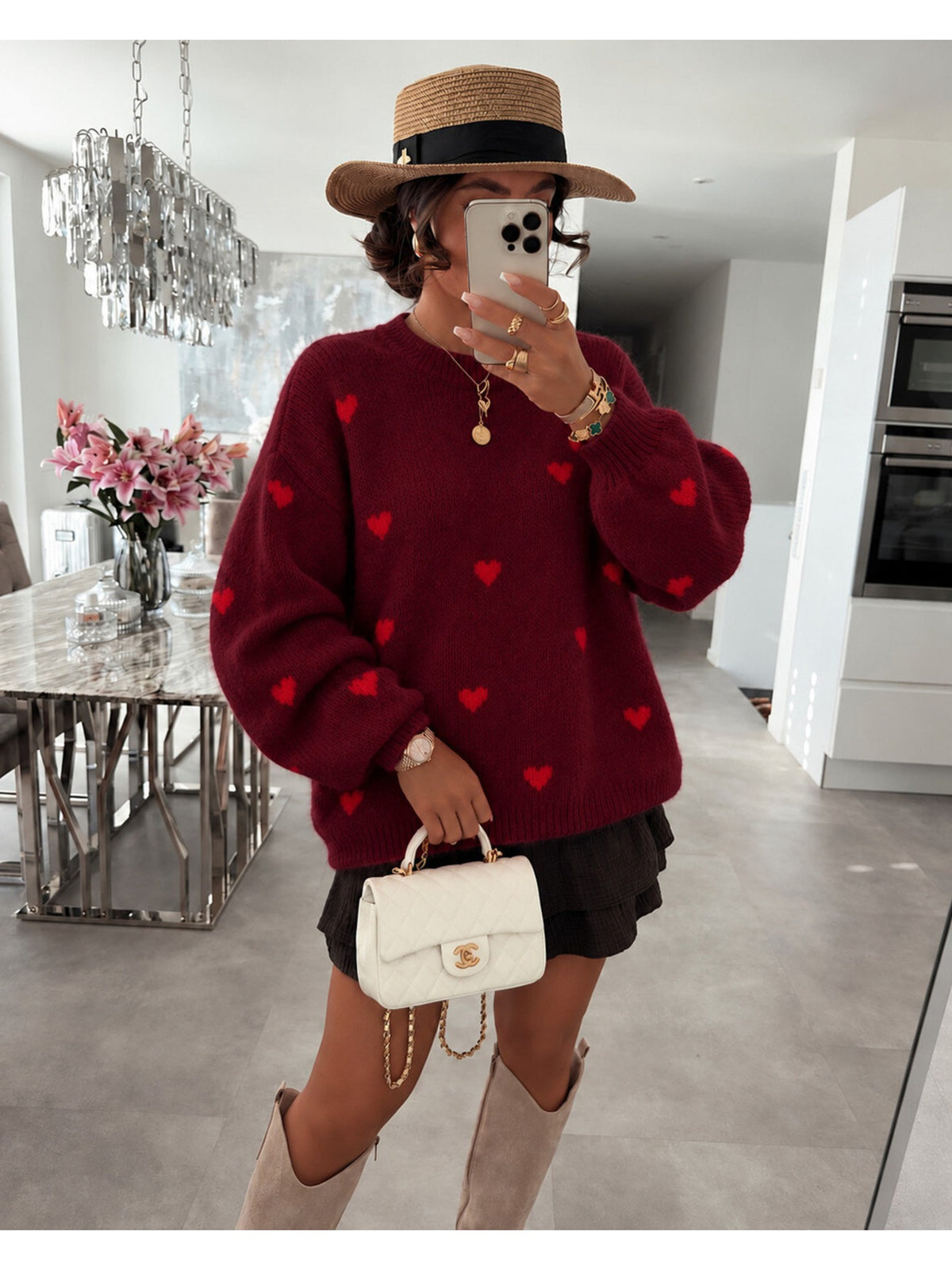 Pull en maille douce petits coeurs contrastés bordeaux pour femme, La Chica