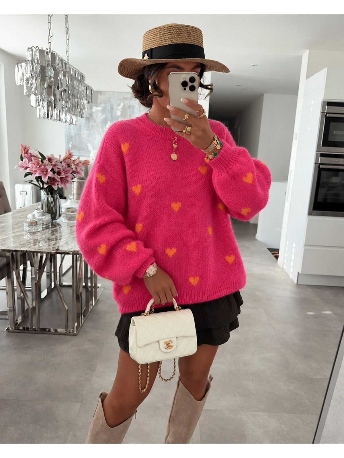 Pull en maille douce petits coeurs contrastés fuchsia pour femme, La Chica
