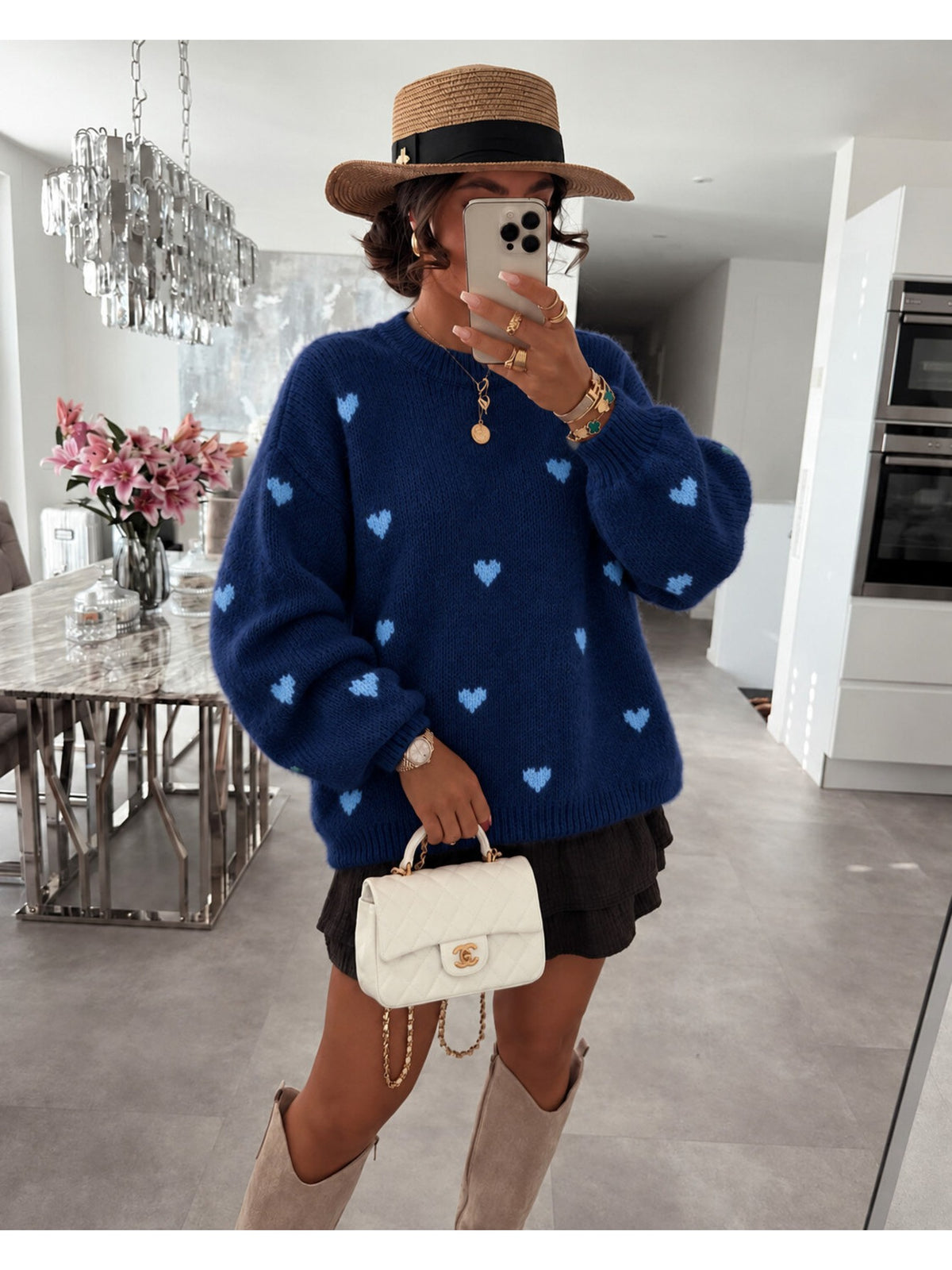 Pull en maille douce petits coeurs contrastés marine pour femme, La Chica