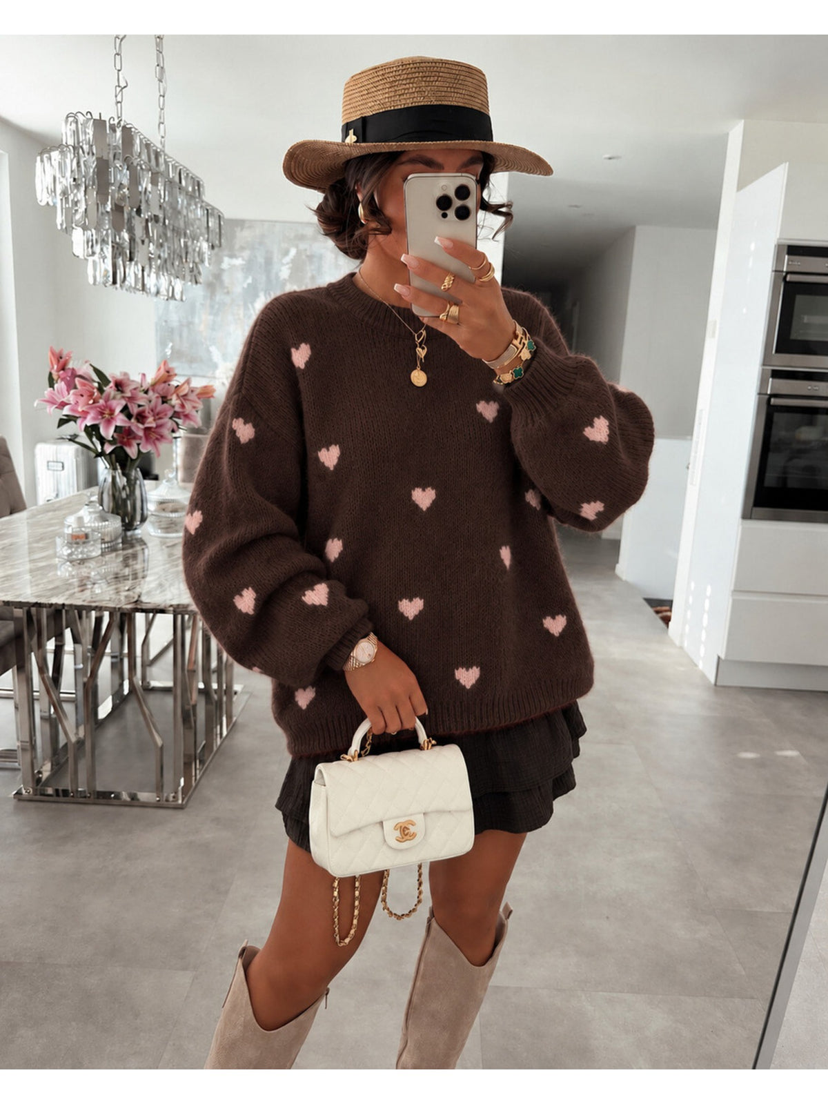 Pull en maille douce petits coeurs contrastés marron pour femme, La Chica
