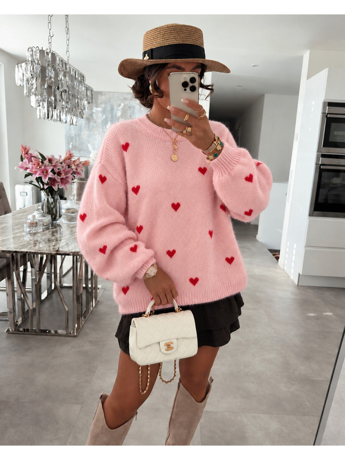 Pull en maille douce petits coeurs contrastés rose pour femme, La Chica