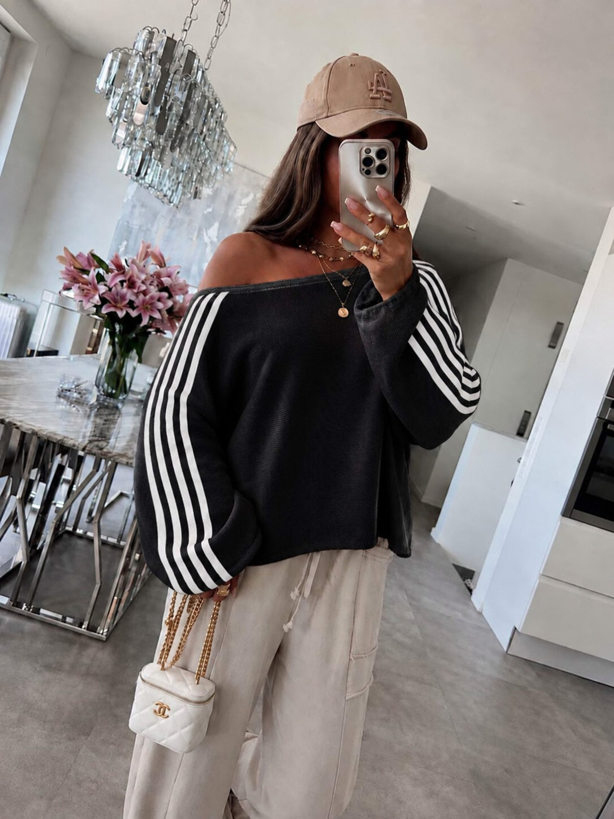 Pull épaule dénudé a bandes noir pour femme, La Chica