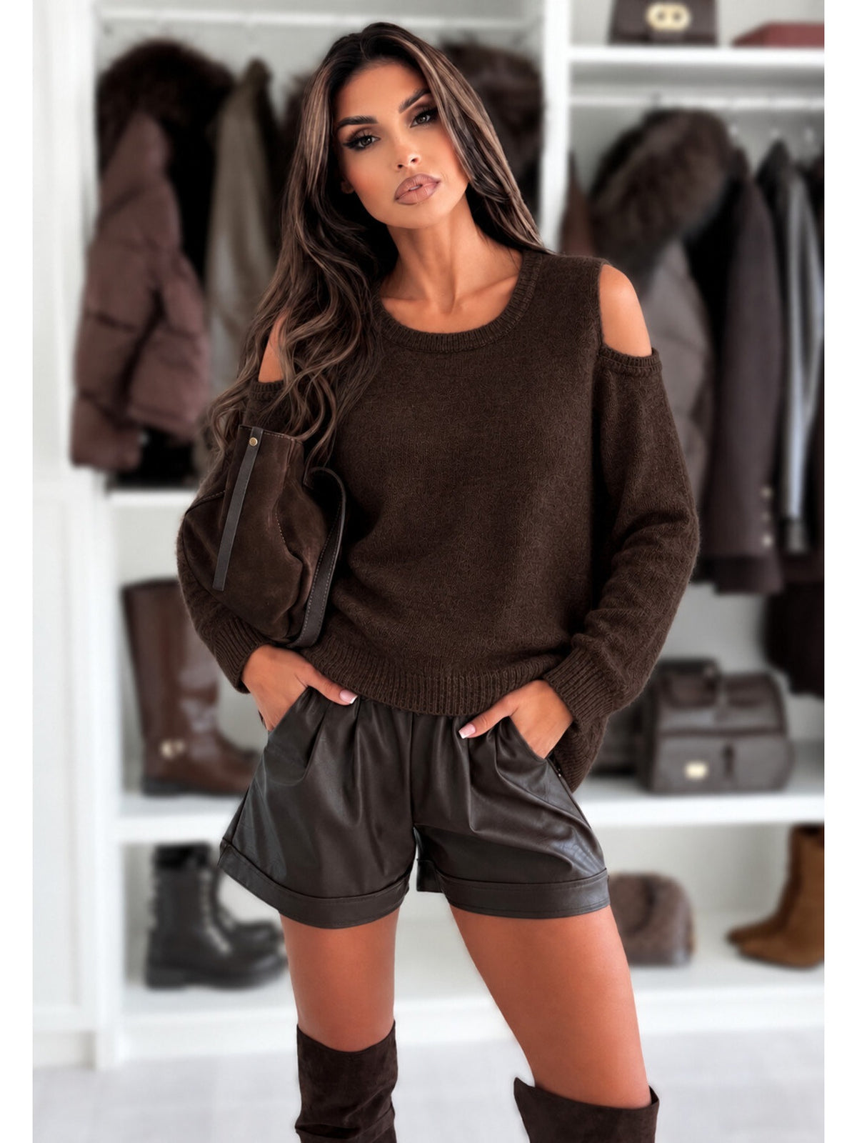 Pull laine épaules dénudées manches longues marron pour femme, La Chica