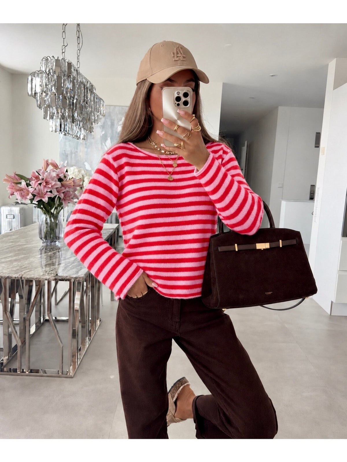 Pull laine rayures contrastées rose pour femme, La Chica
