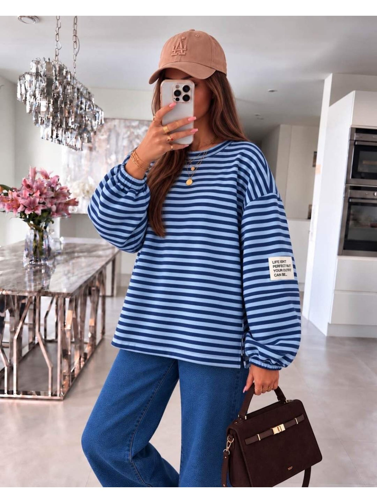 Pull oversize fines rayures et patch marine pour femme, La Chica