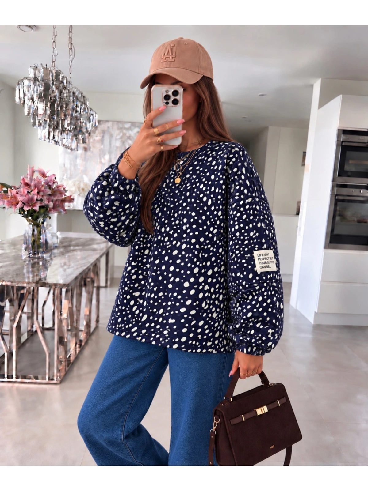 Pull oversize imprimé biche et patch marine pour femme, La Chica