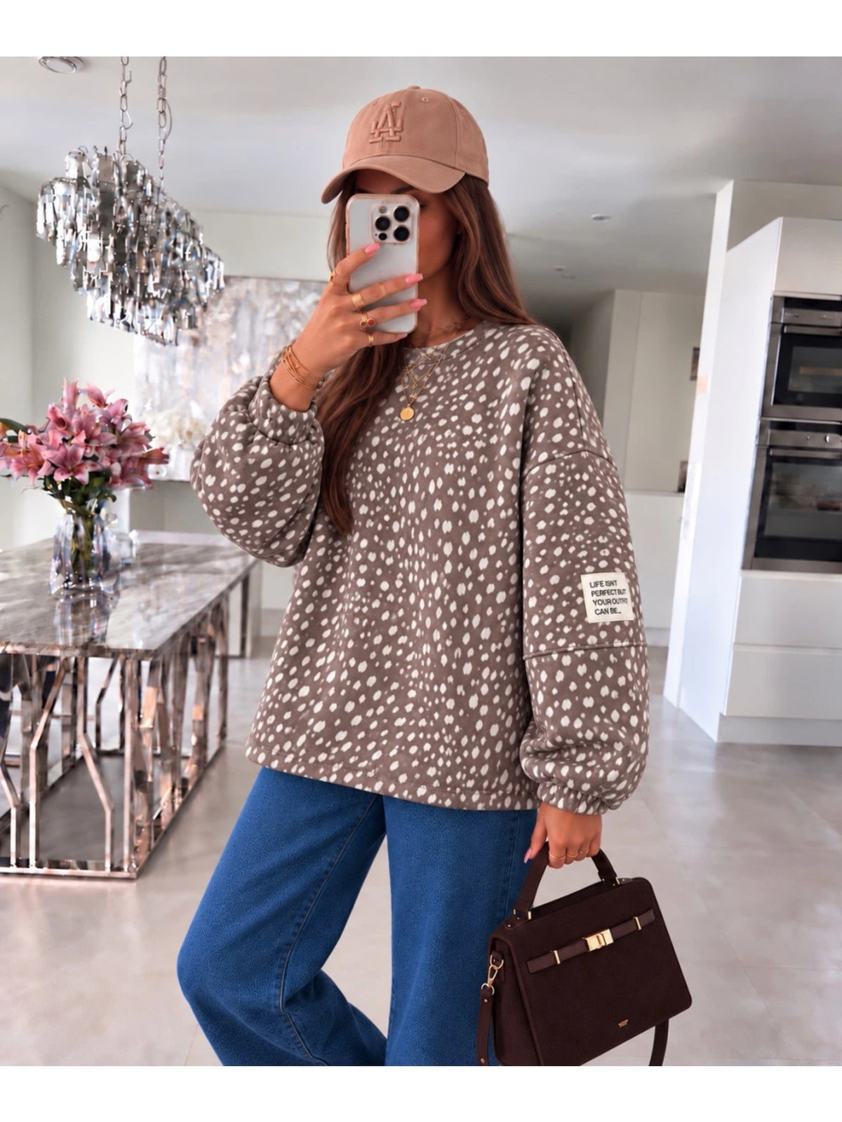 Pull oversize imprimé biche et patch taupe pour femme, La Chica