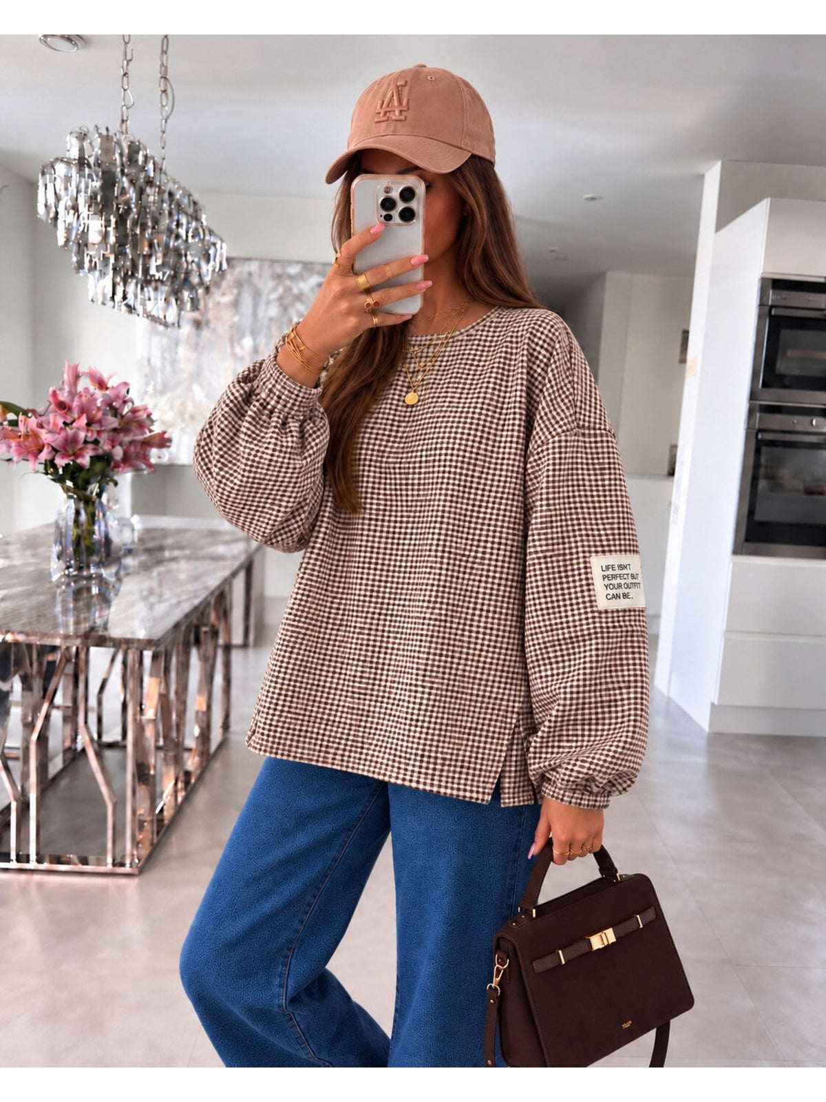 Pull oversize imprimé carreaux et patch marron foncé pour femme, La Chica
